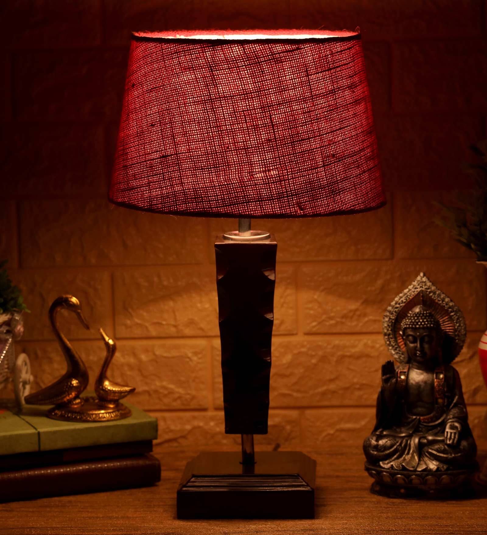 Hadley Maroon Natural Fiber Shade Night Lamp With Wood Base