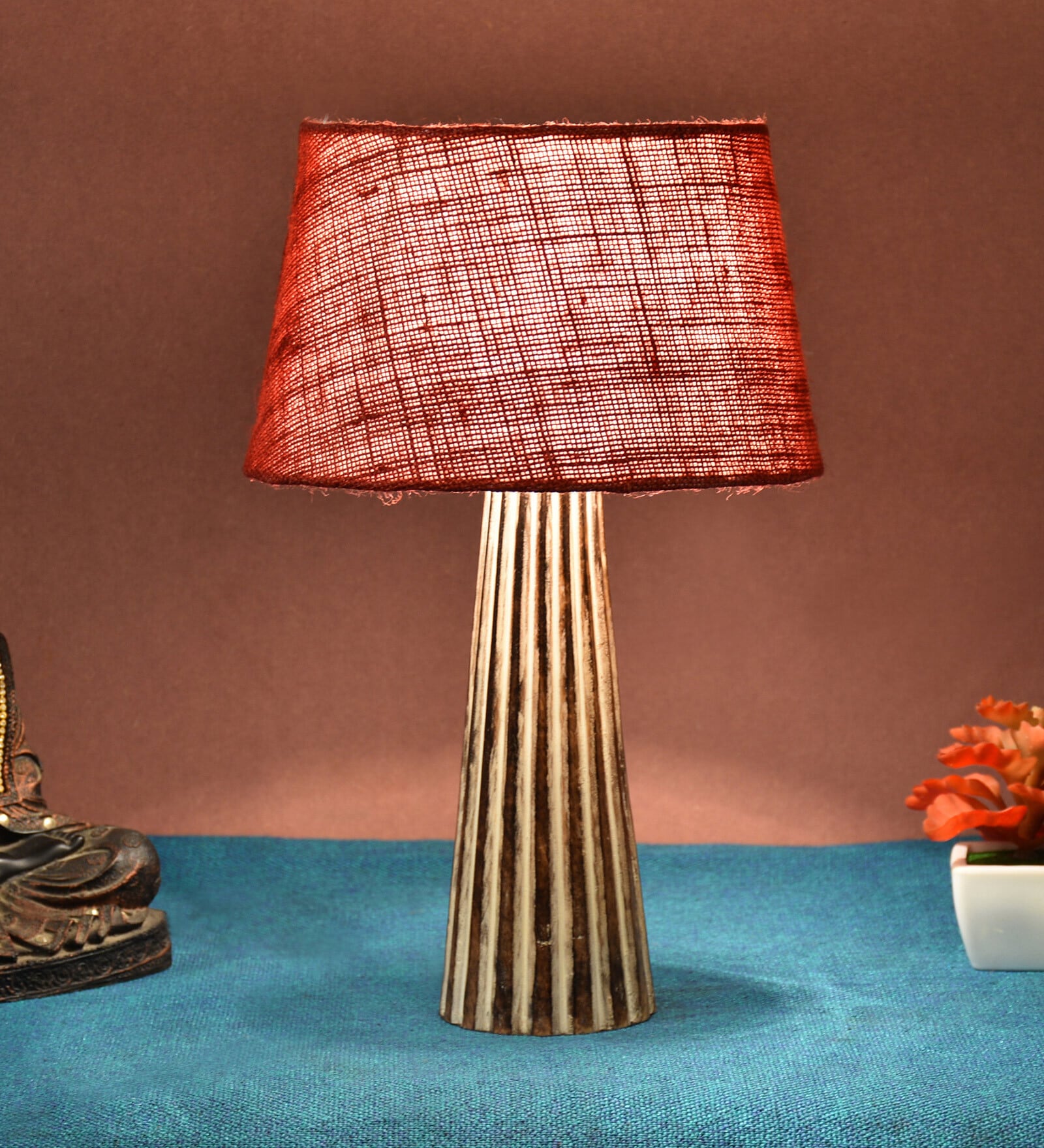 Healy Maroon Natural Fiber Shade Night Lamp With Wood Base