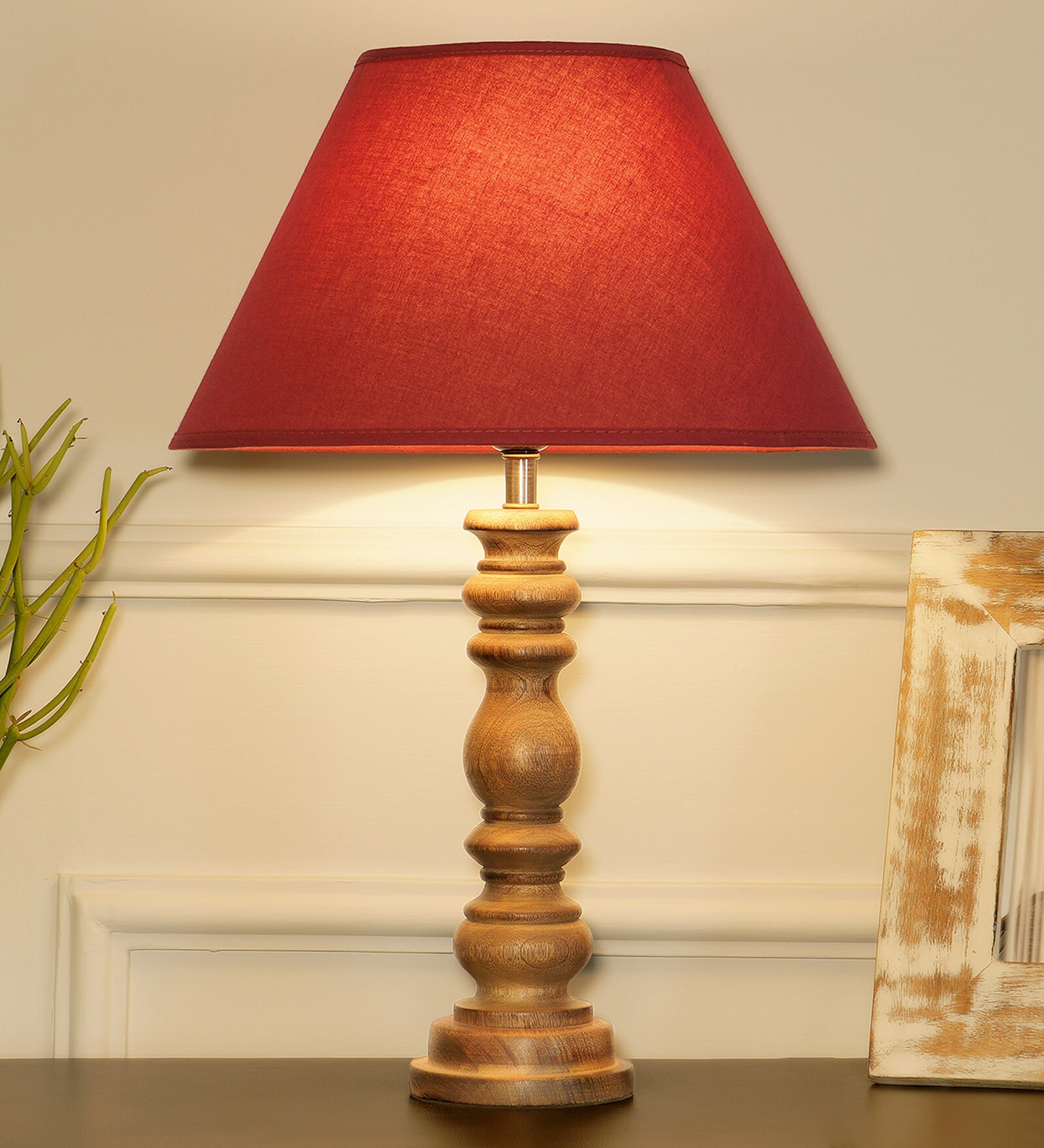 Hersey Maroon Cottan Fabric Shade Night Lamp With Wood Base