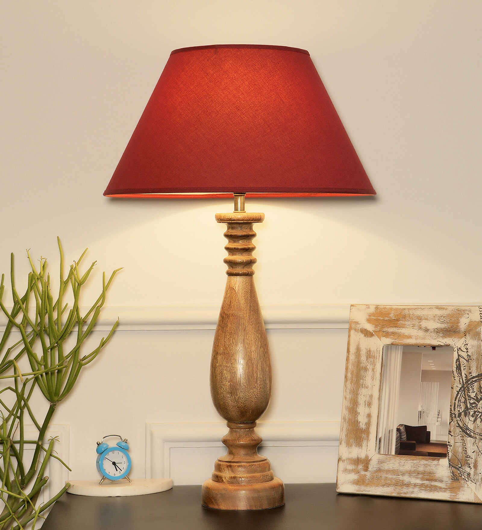 Roman Maroon Cottan Fabric Shade Night Lamp With Wood Base