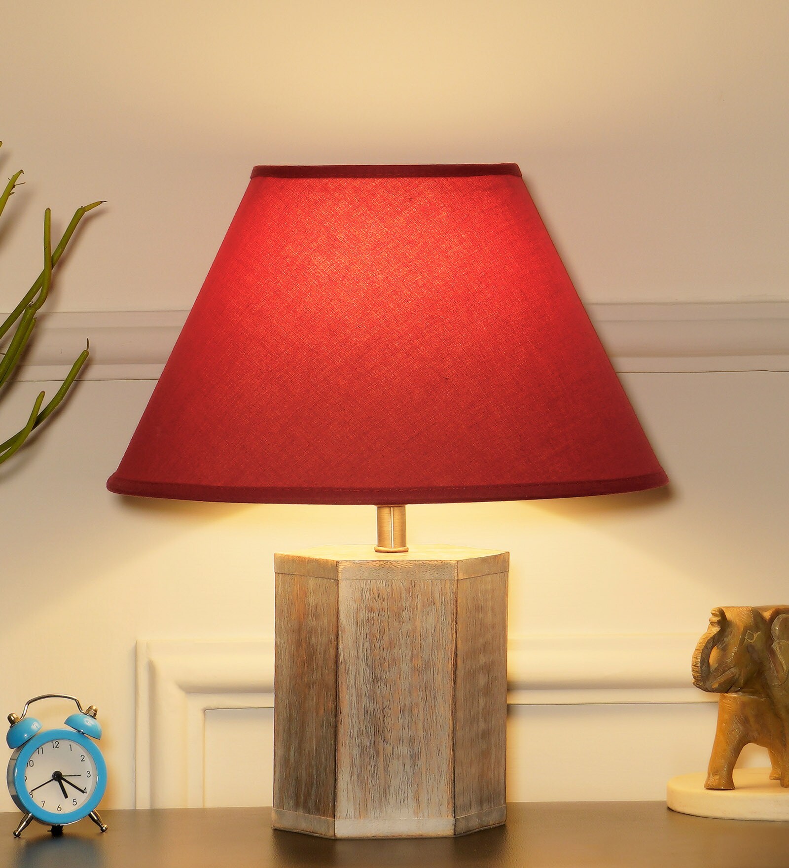 Colonial Maroon Cottan Fabric Shade Night Lamp With Wood Base