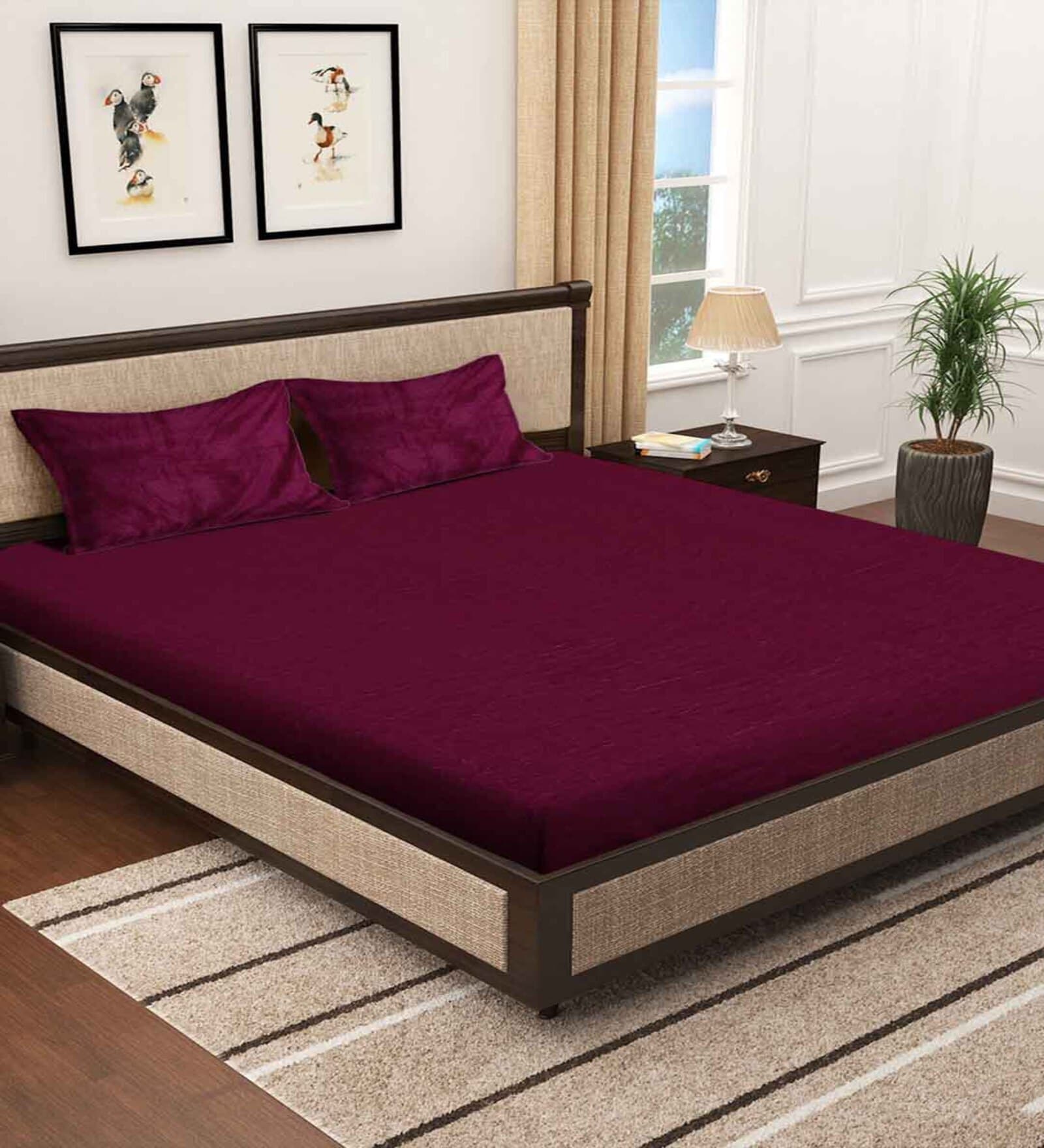 Maroon Solid 300 TC Wool  Double Bedsheet with 2 Pillow covers