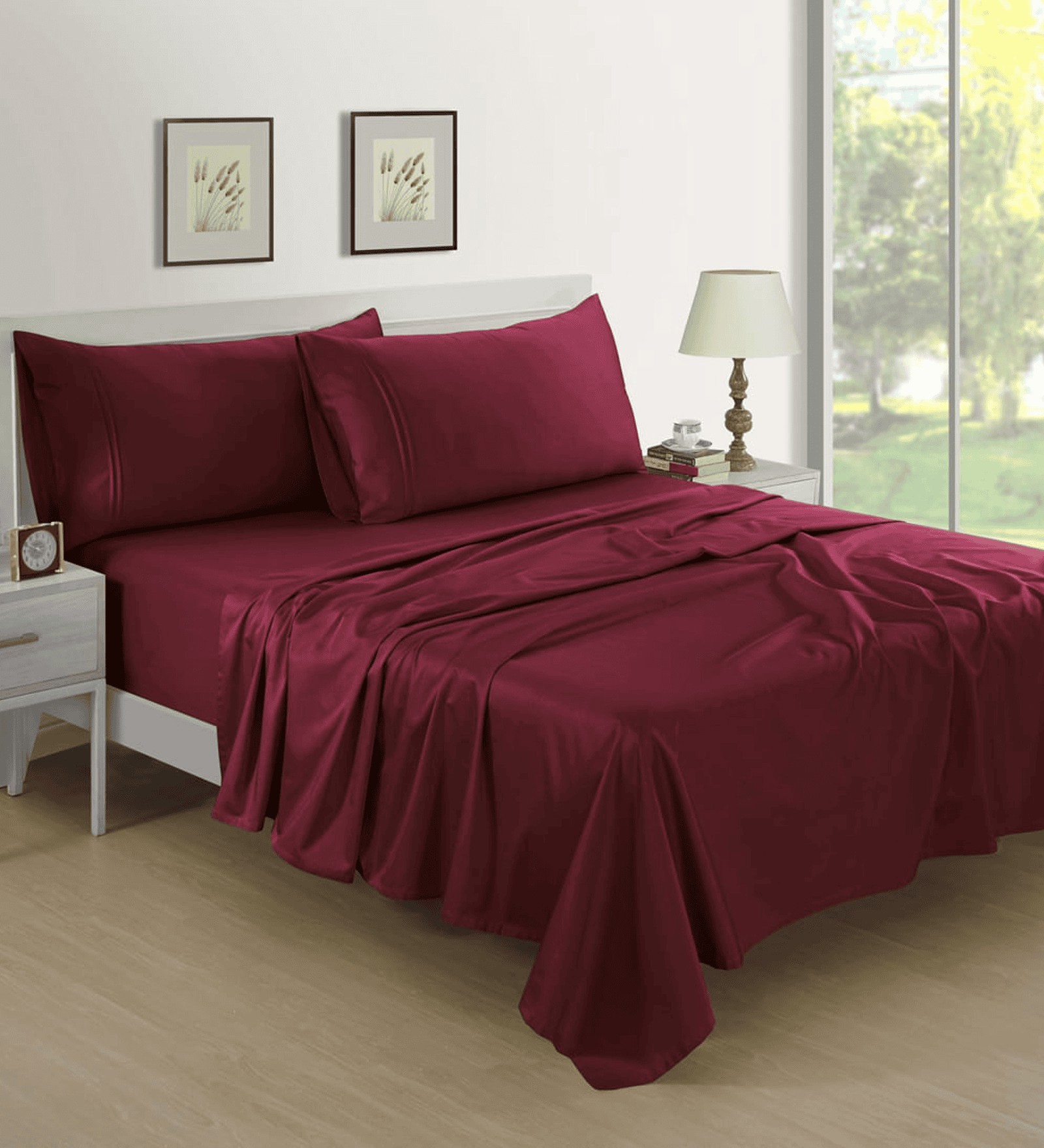 Burgundy Solid 400 TC  Cotton Satin King Bedsheet With 2 Pillow Covers