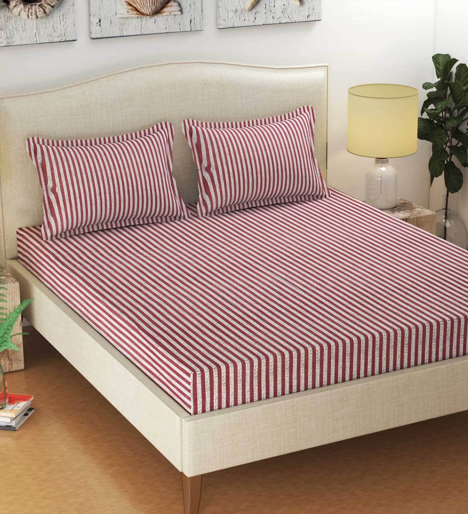 Maroon Striped 300 TC Cotton Queen Sized Bed Sheets with 2 Pillow Covers