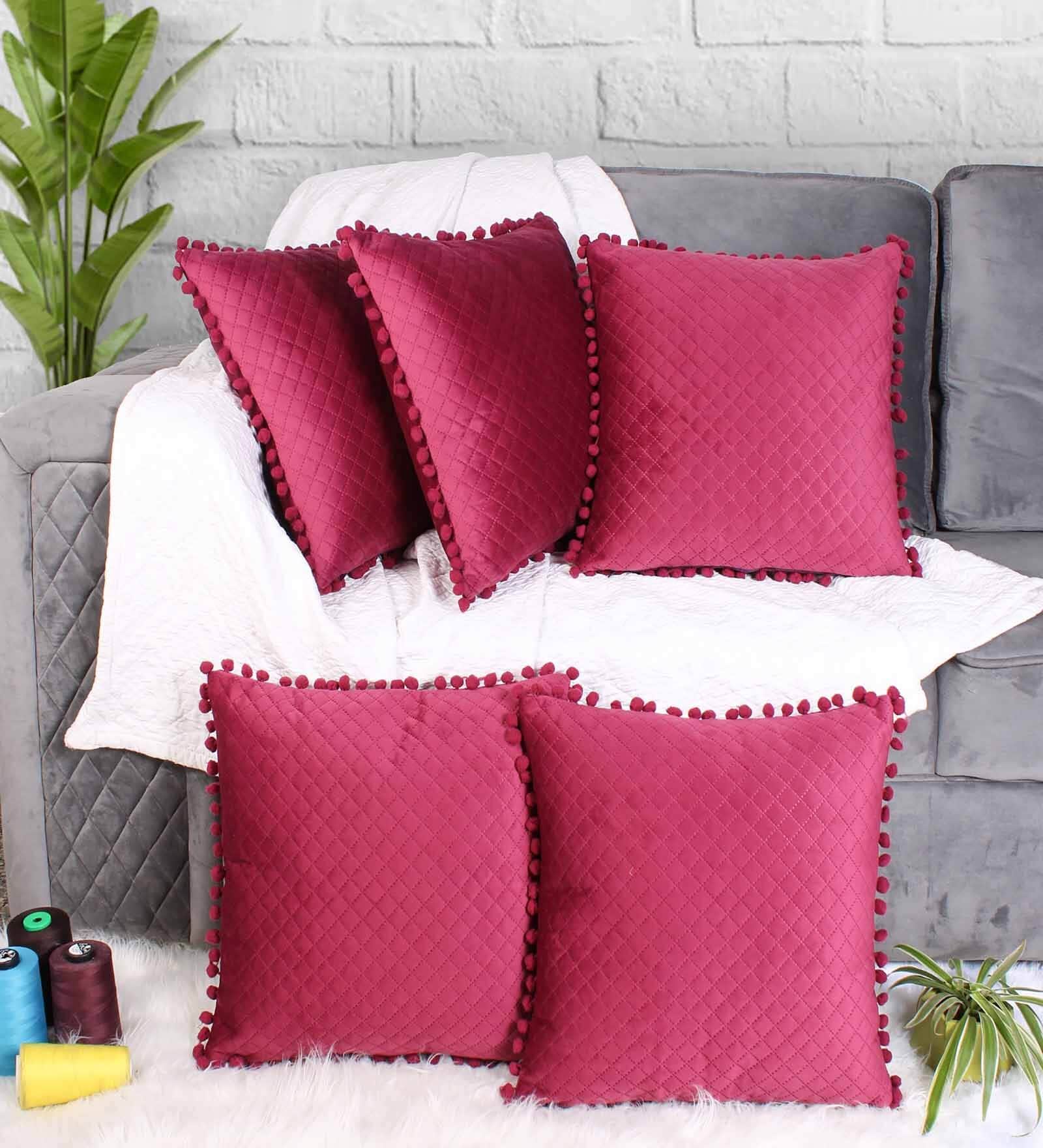 Maroon Textured Velvet 16 x 16 Inches Cushion Covers (Set of 5)