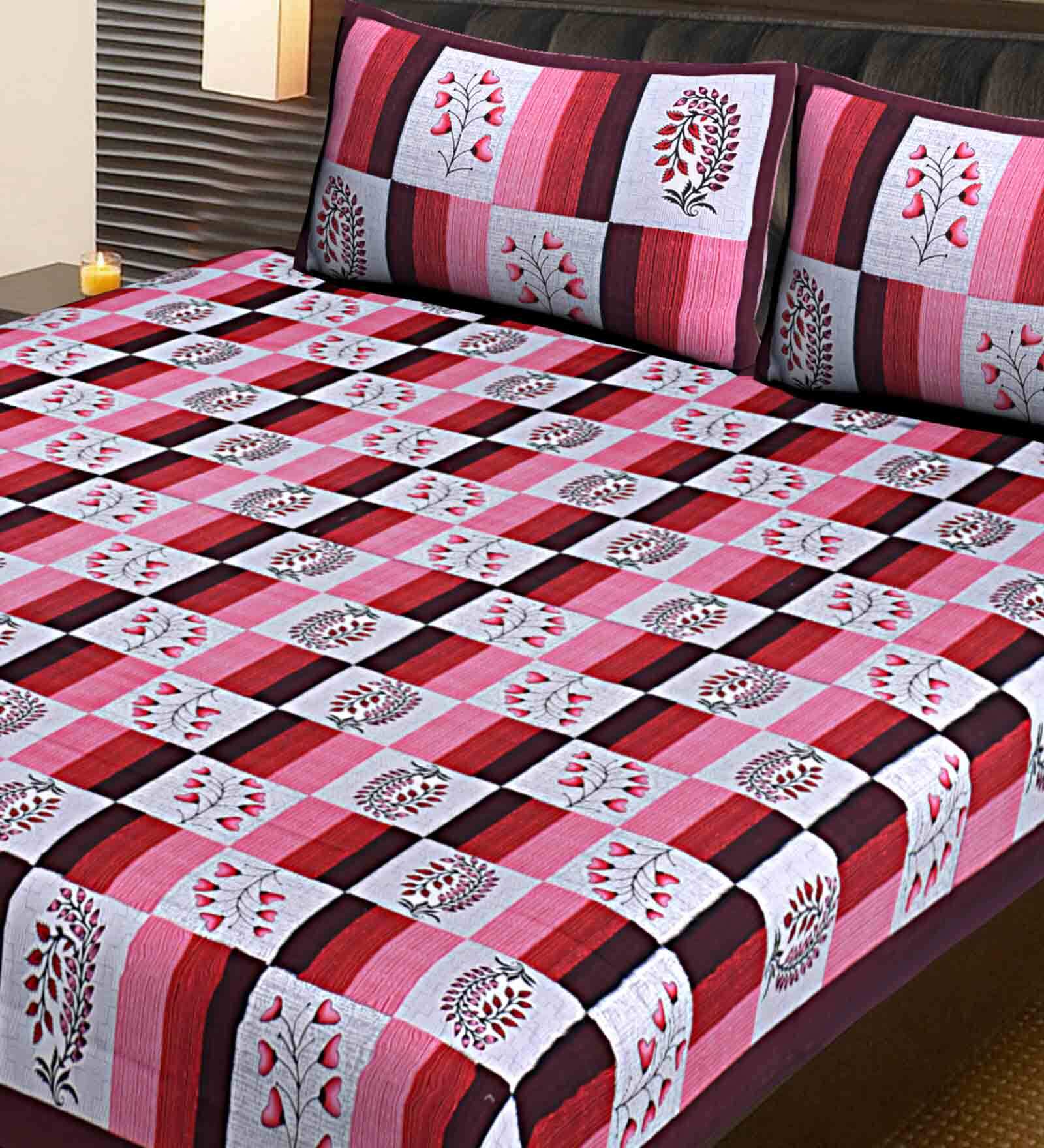 Maroon Traditional 144 TC 100% Cotton Queen Sized Bed Sheets with 2 Pillow Covers