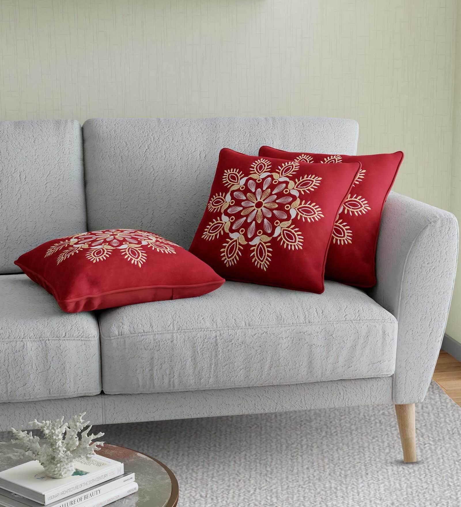 Buy Maroon Traditional Cotton Embroidered Cushion Cover by JAIPUR