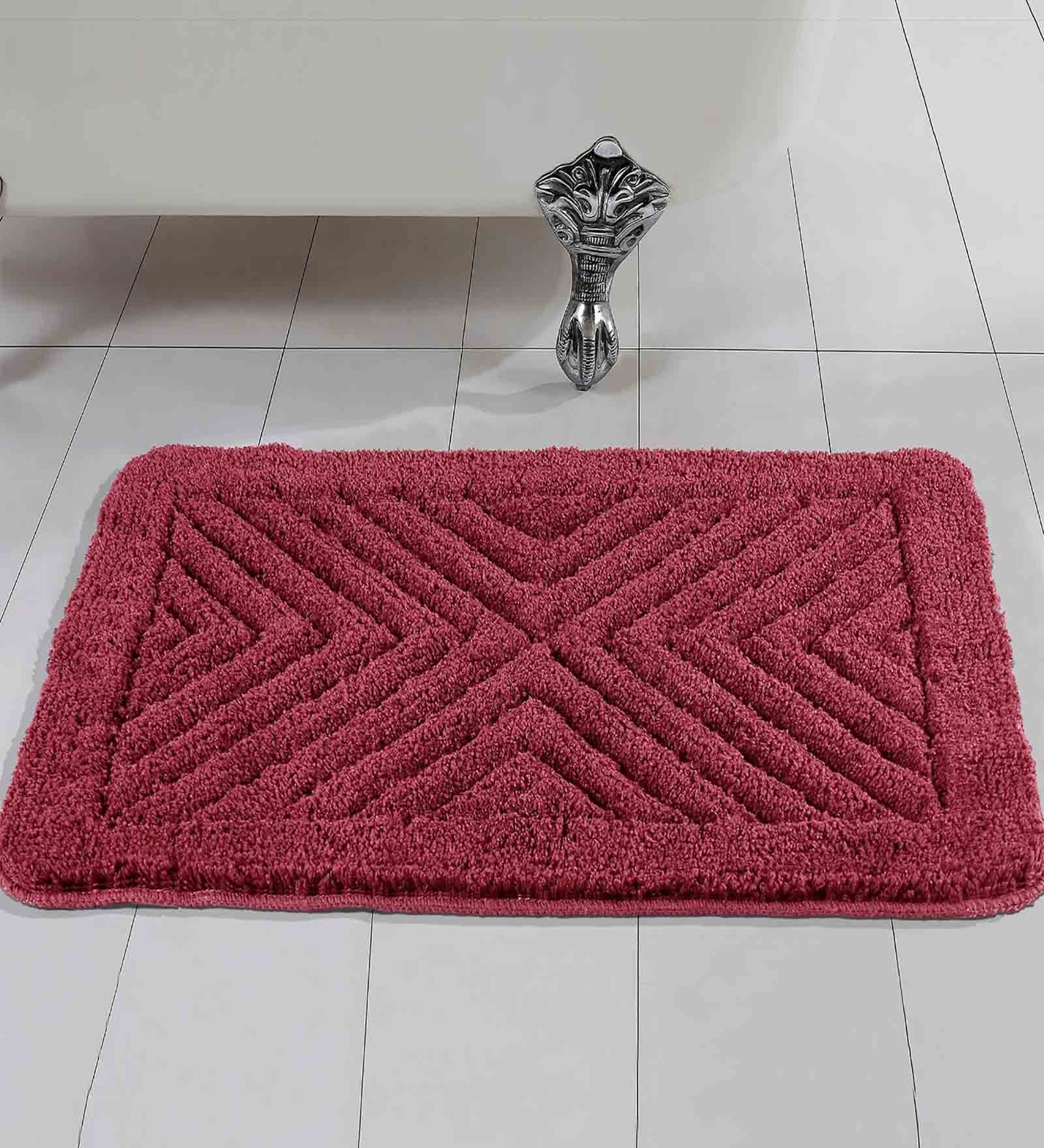 Maroon Geometric Microfibre 19x27 Inches AntiSkid Bath Mat