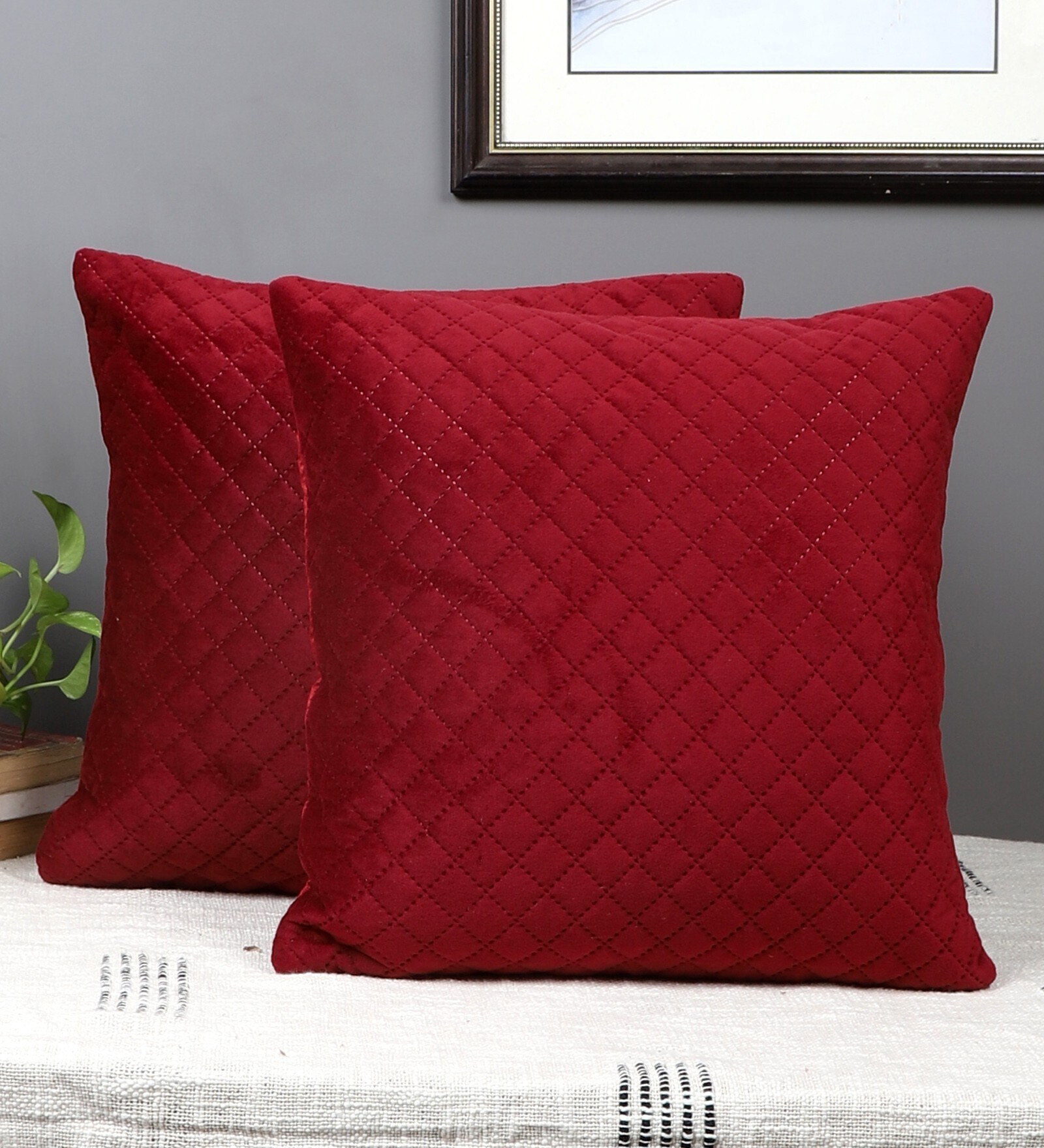 Maroon Velvet Textured 16x16 inches Cushion Covers (Pack of 2)
