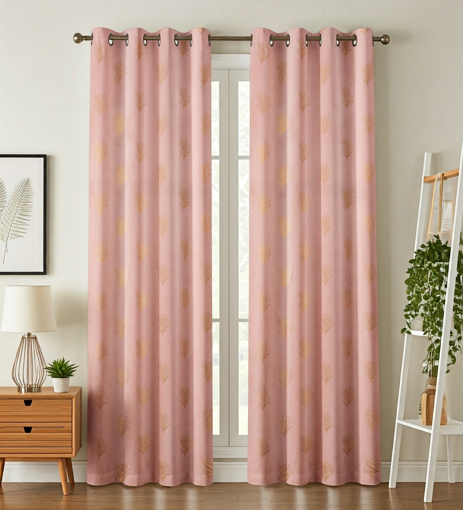 Maroon Velvet Coral Branch Print  5 Foot Ring Top Window Curtains Set Of 2