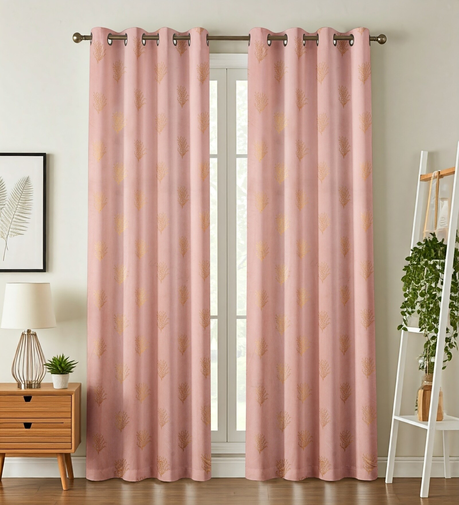 Maroon Velvet Coral Branch Print  9 Foot Ring Top Window Curtains Set Of 2