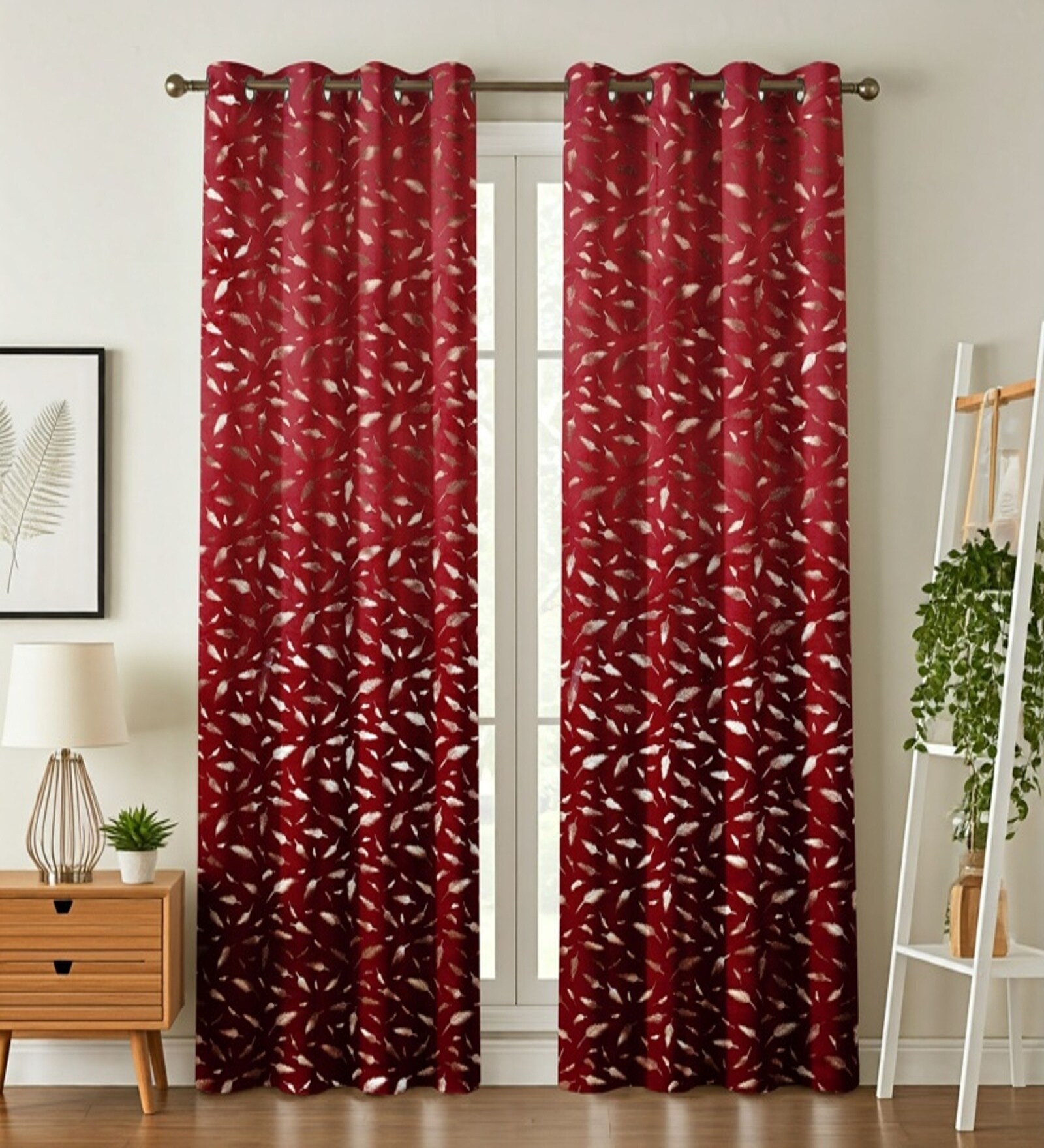 Maroon Velvet Feather 5Ft Ring Top Window Curtain Pack of 1