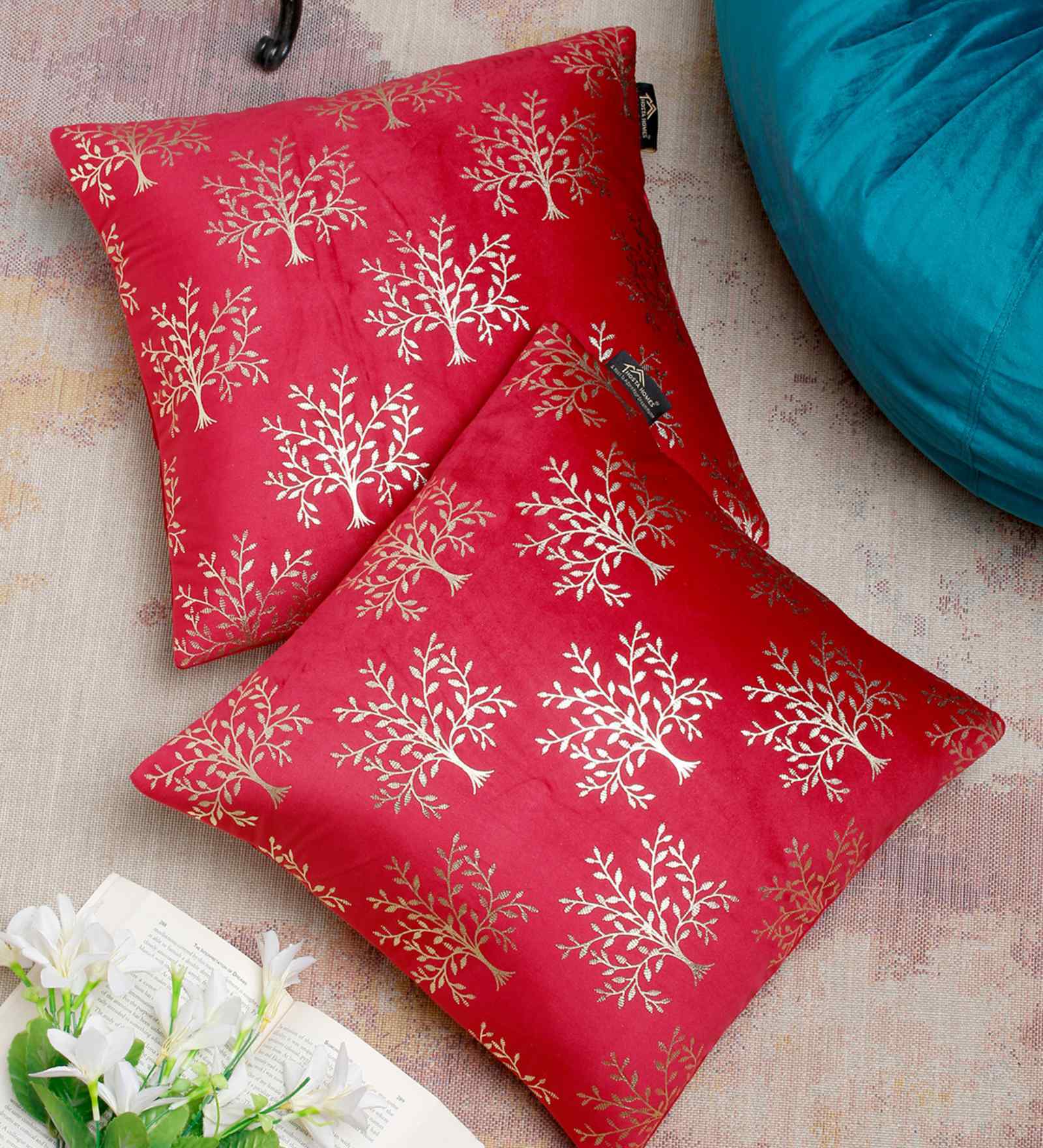 Maroon Velvet Floral 16X16 Inches Cushion Covers (Pack of 2)