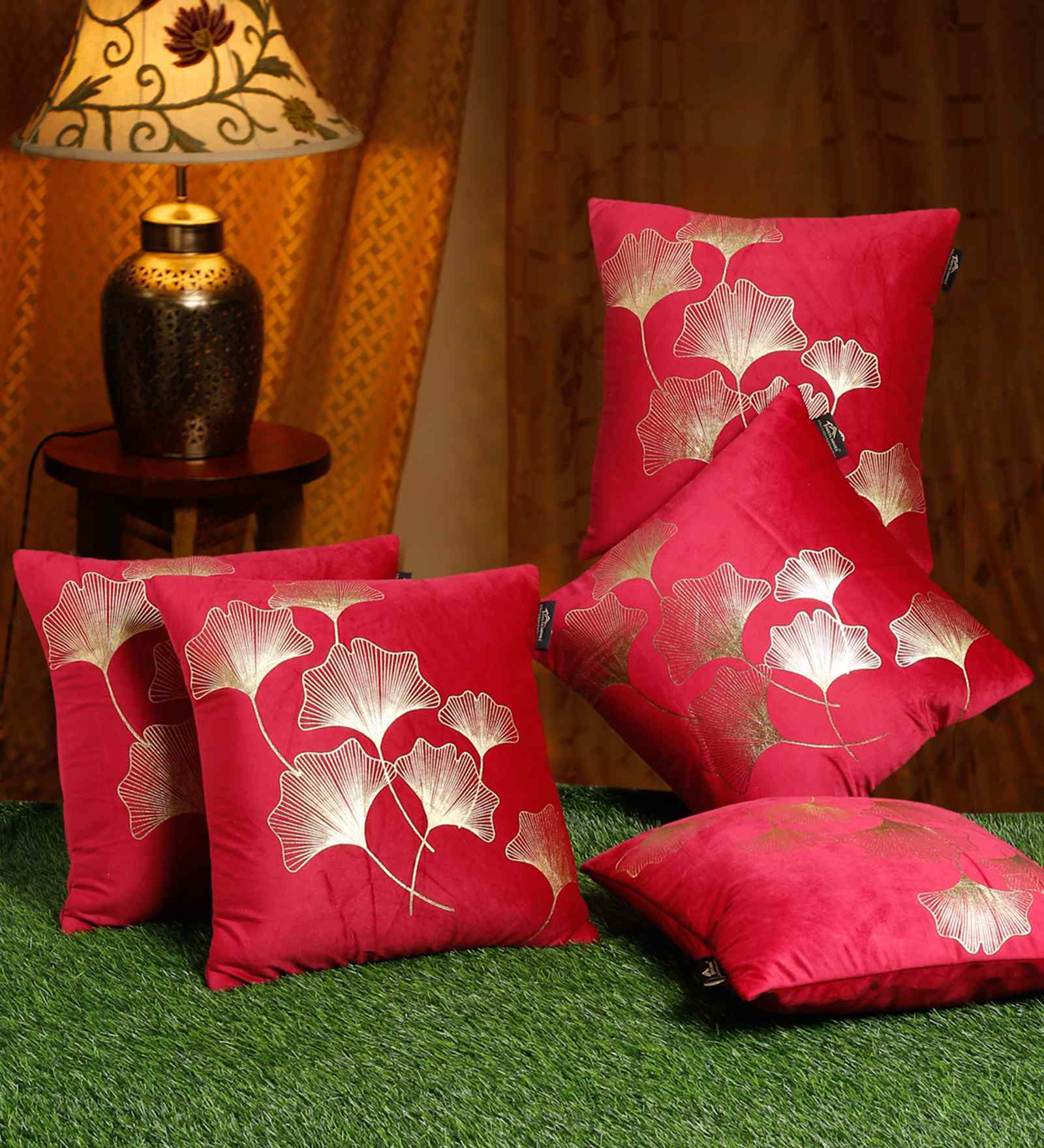 Maroon Velvet Floral 16X16 Inches Cushion Covers (Pack of 5)