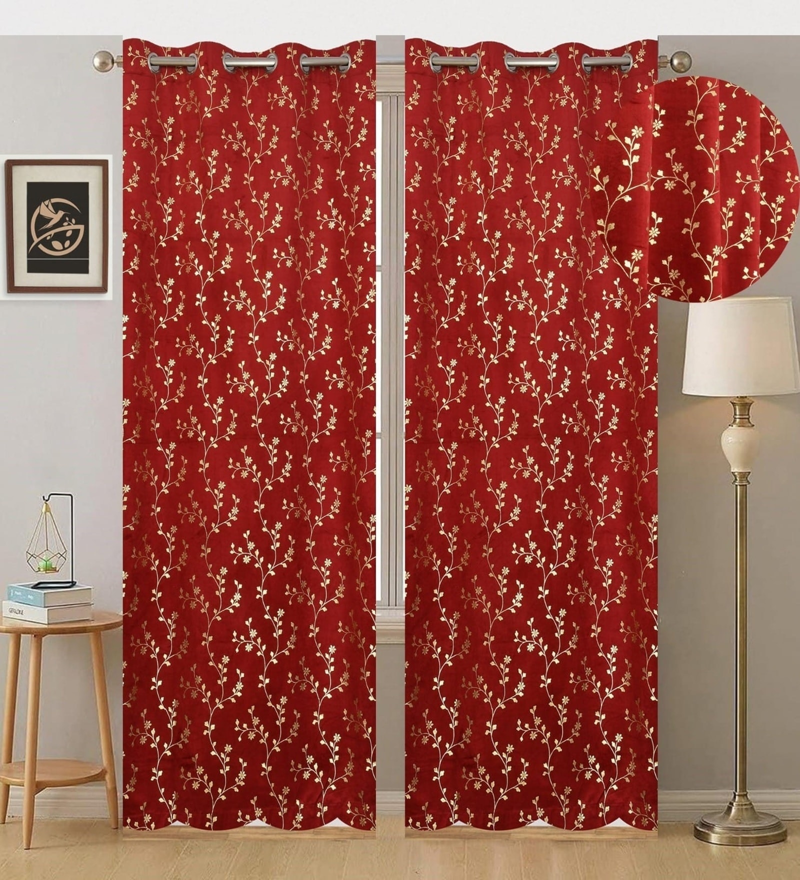 Maroon Velvet Floral 7 Foot Ring Top Door Curtains Set Of 2