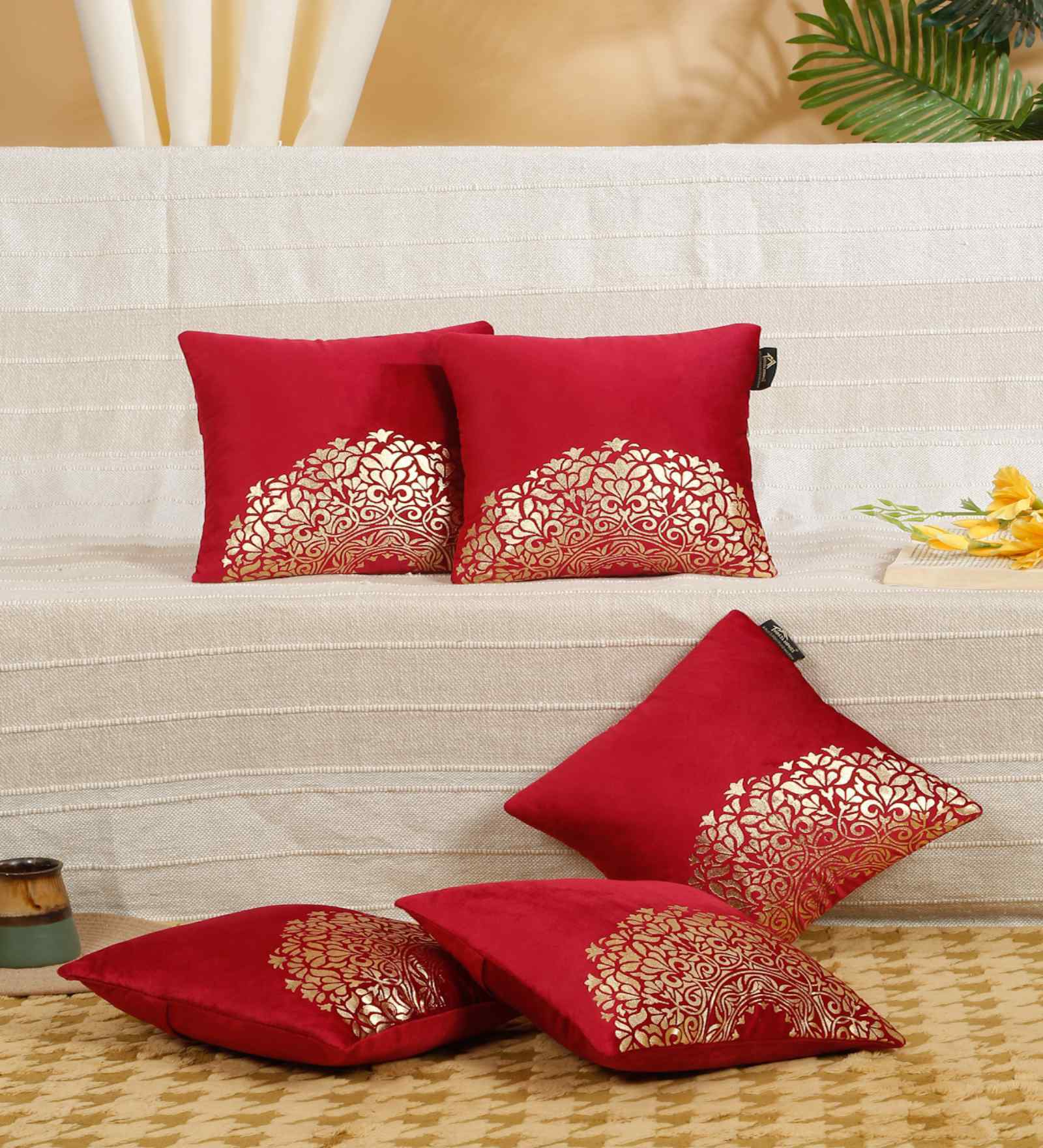 Maroon Velvet Abstract 12X12 Inches Cushion Covers (Pack of 5)