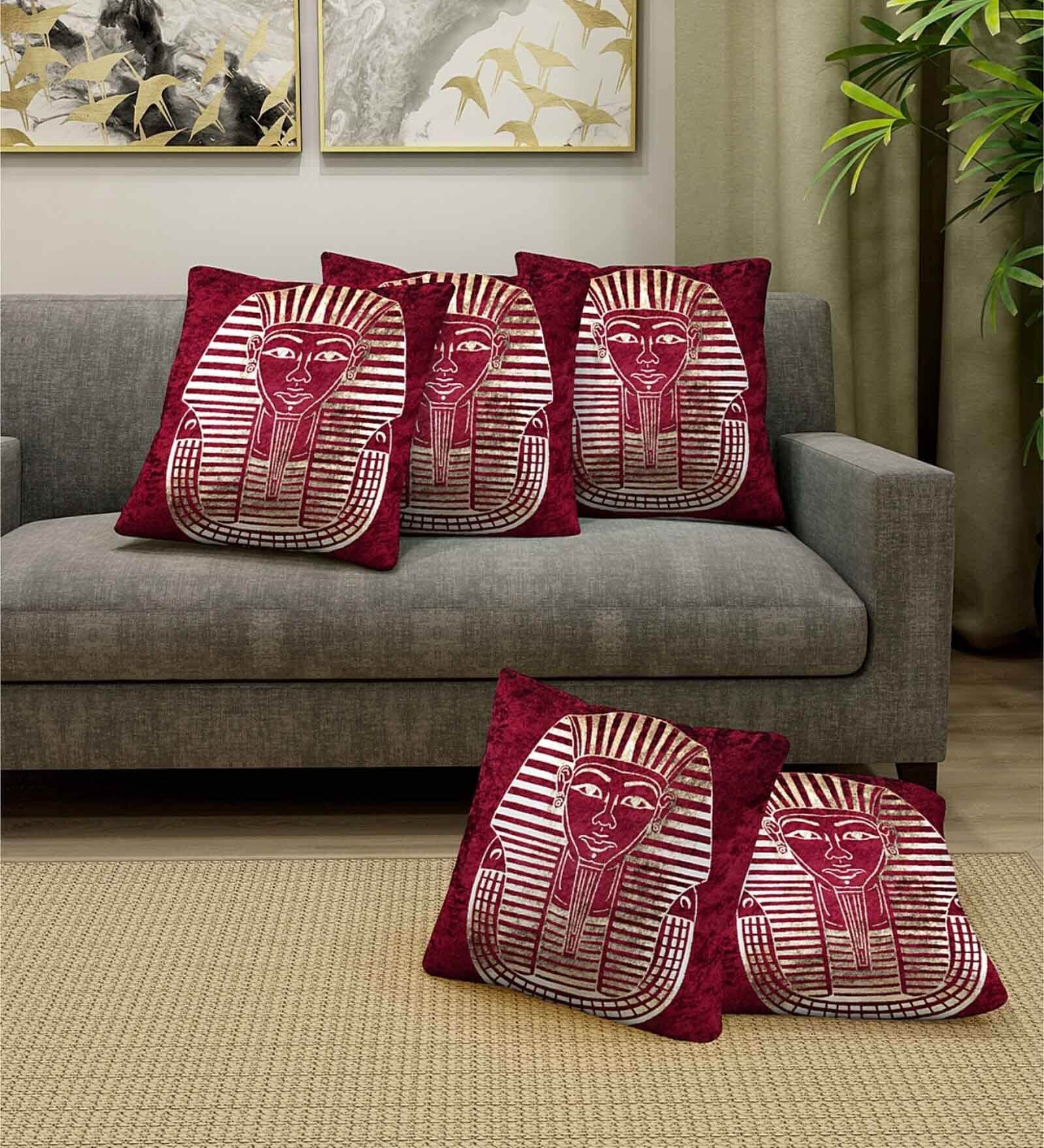 Maroon Velvet Printed 16 x16 inch Set of 5 Cushion Covers