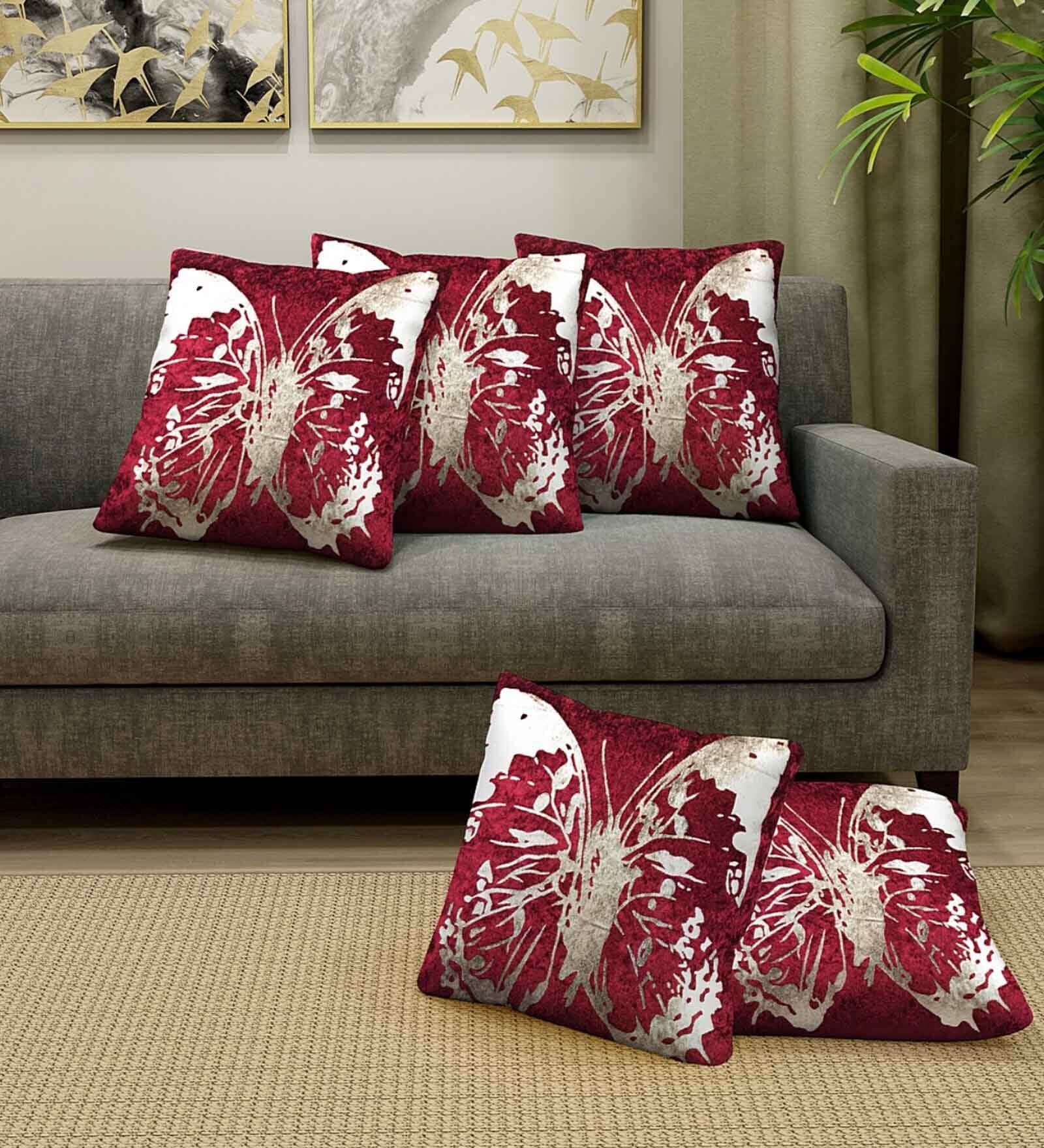 Maroon Velvet Printed 16 x16 inch Set of 5 Cushion Covers