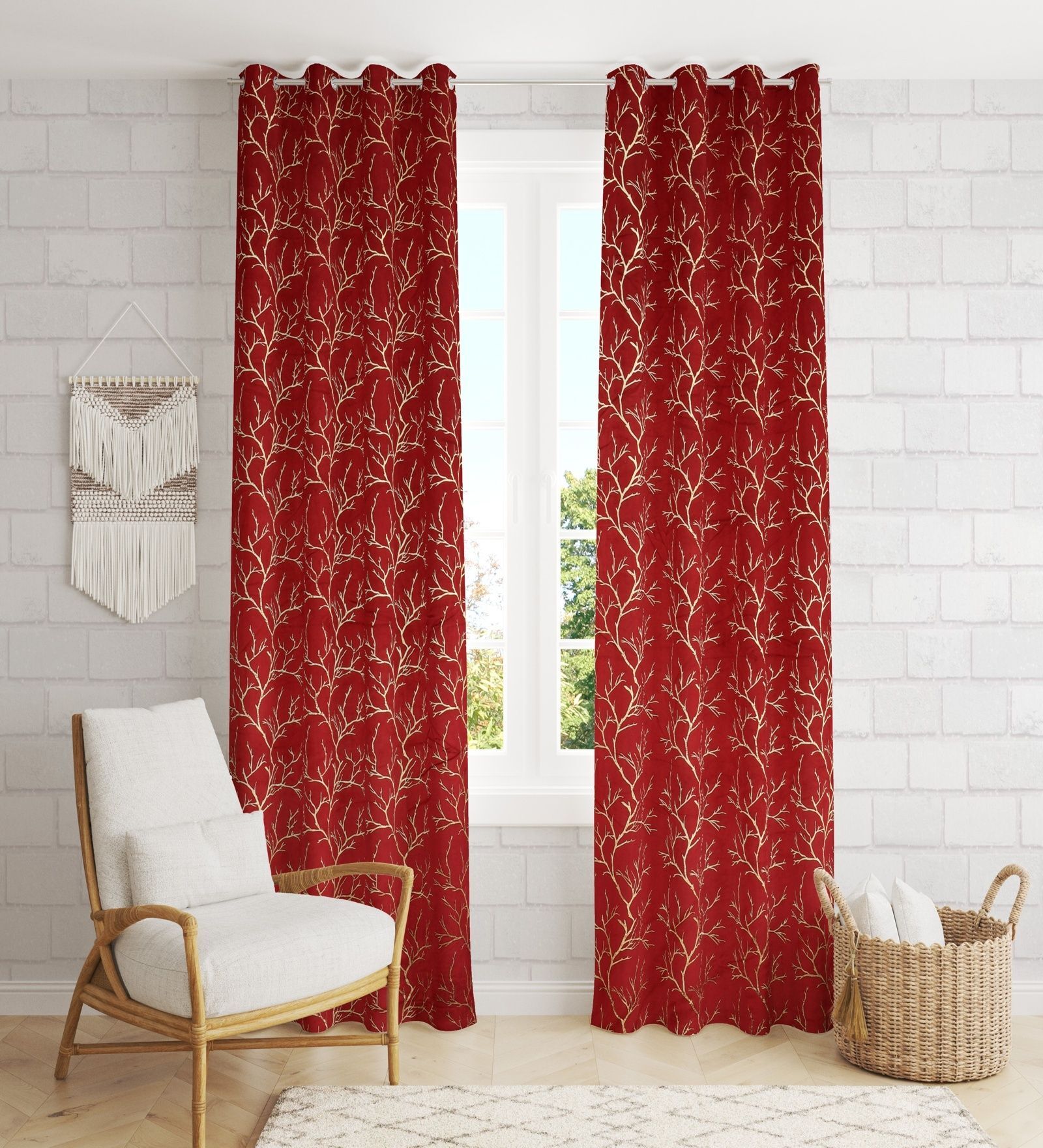 Maroon Velvet Tree Branch  7 Foot Ring Top Door Curtain
