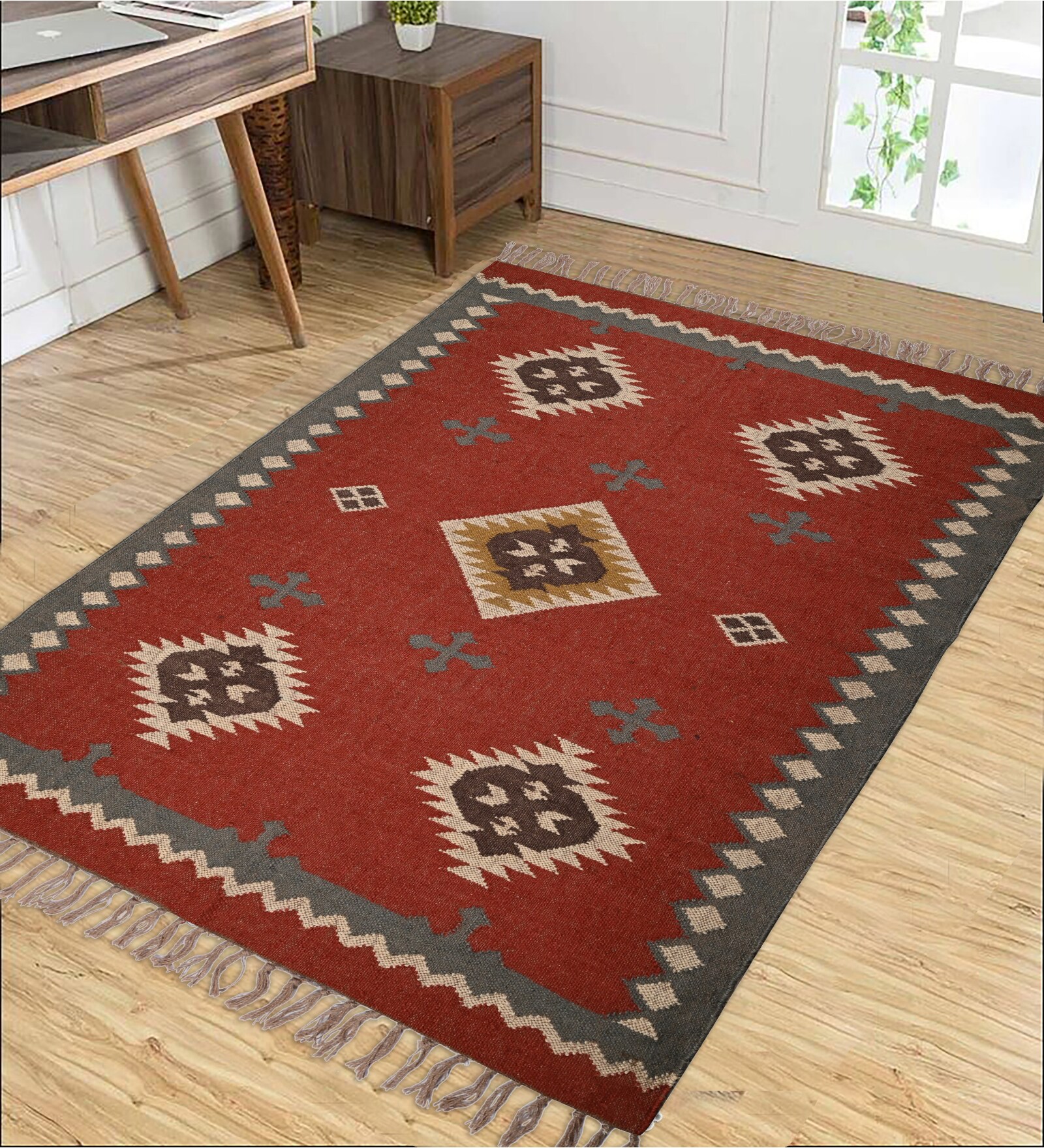 Maroon Wool & Jute Abstract 60 x 36 Inches Hand Woven Dhurries