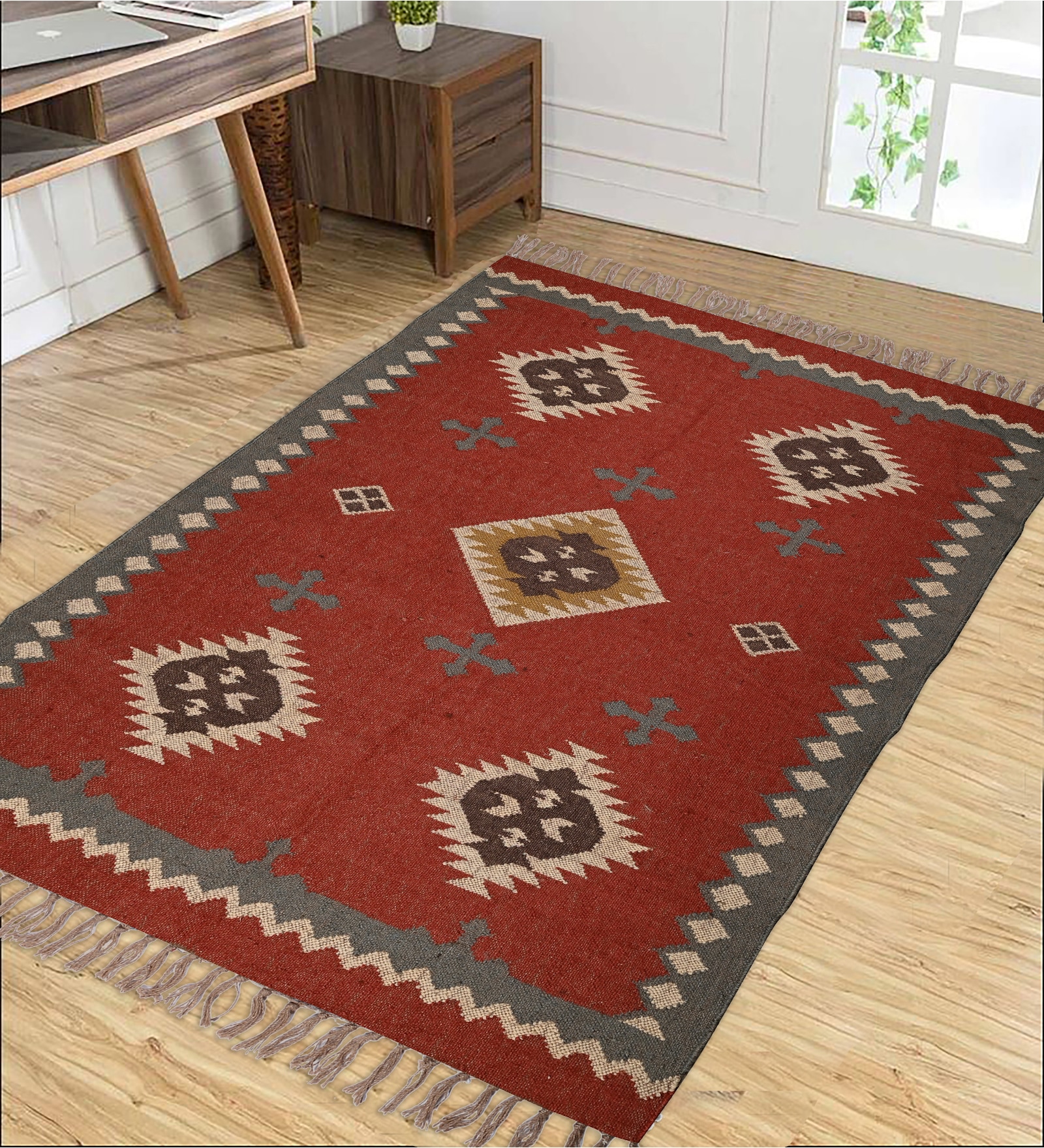 Maroon Wool & Jute Abstract 96 x 60 Inches Hand Woven Dhurries