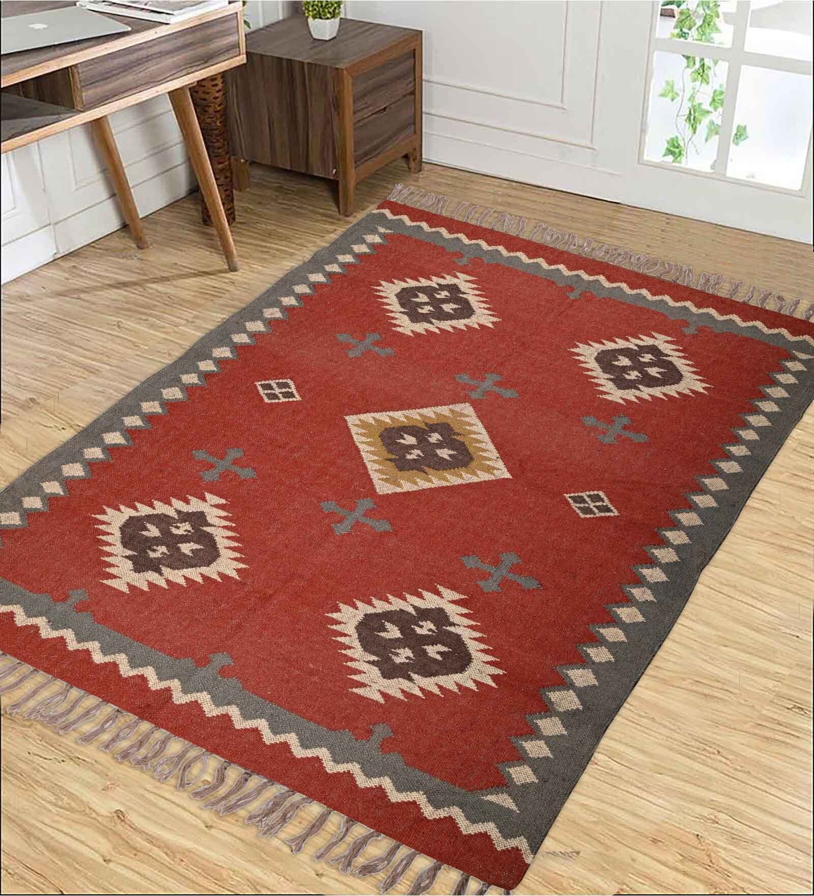 Maroon Wool & Jute Abstract 96 x 60 Inches Hand Woven Dhurries