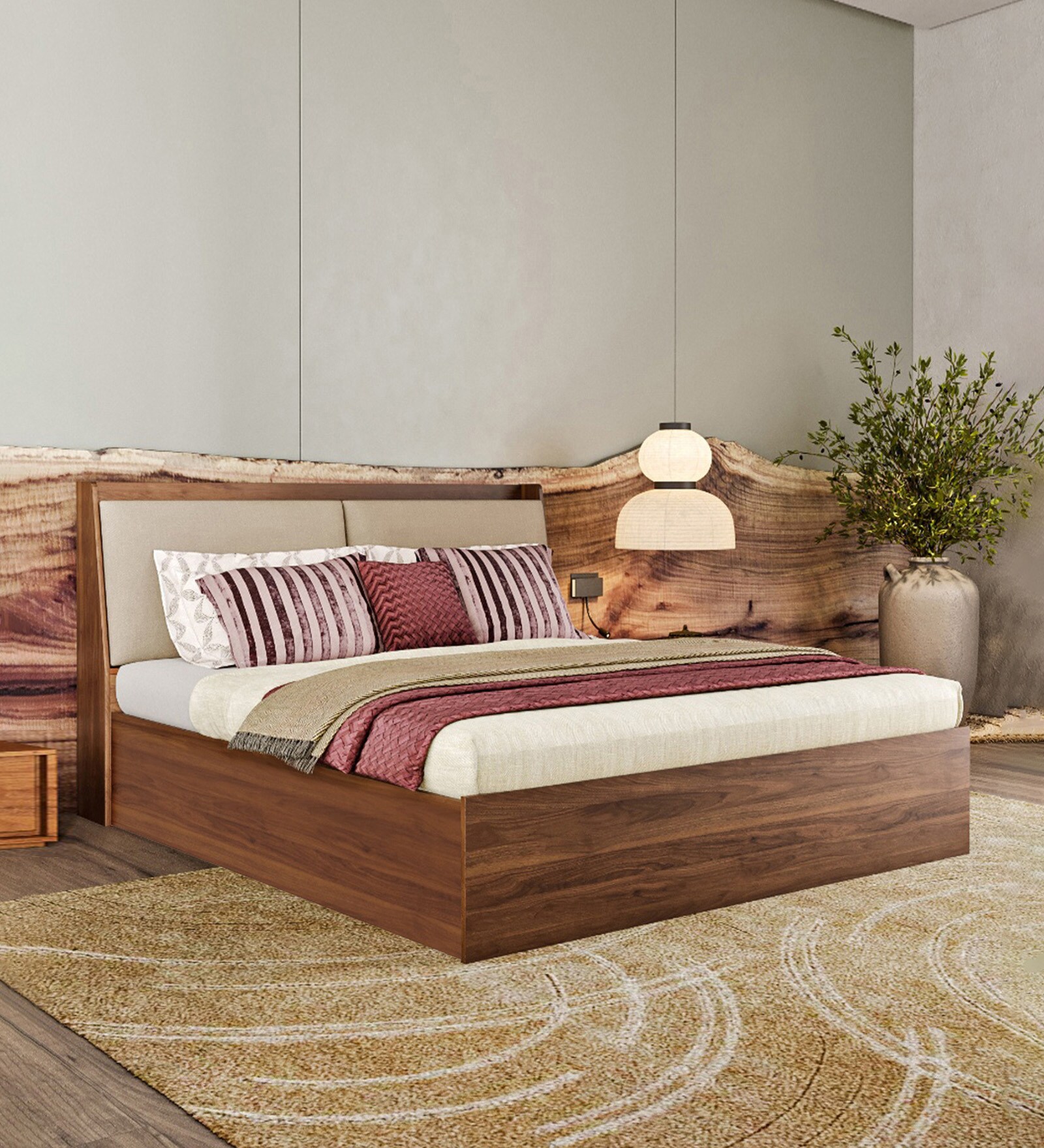 Mars Queen Size Bed In Columbian Walnut Colour With Hydraulic Storage