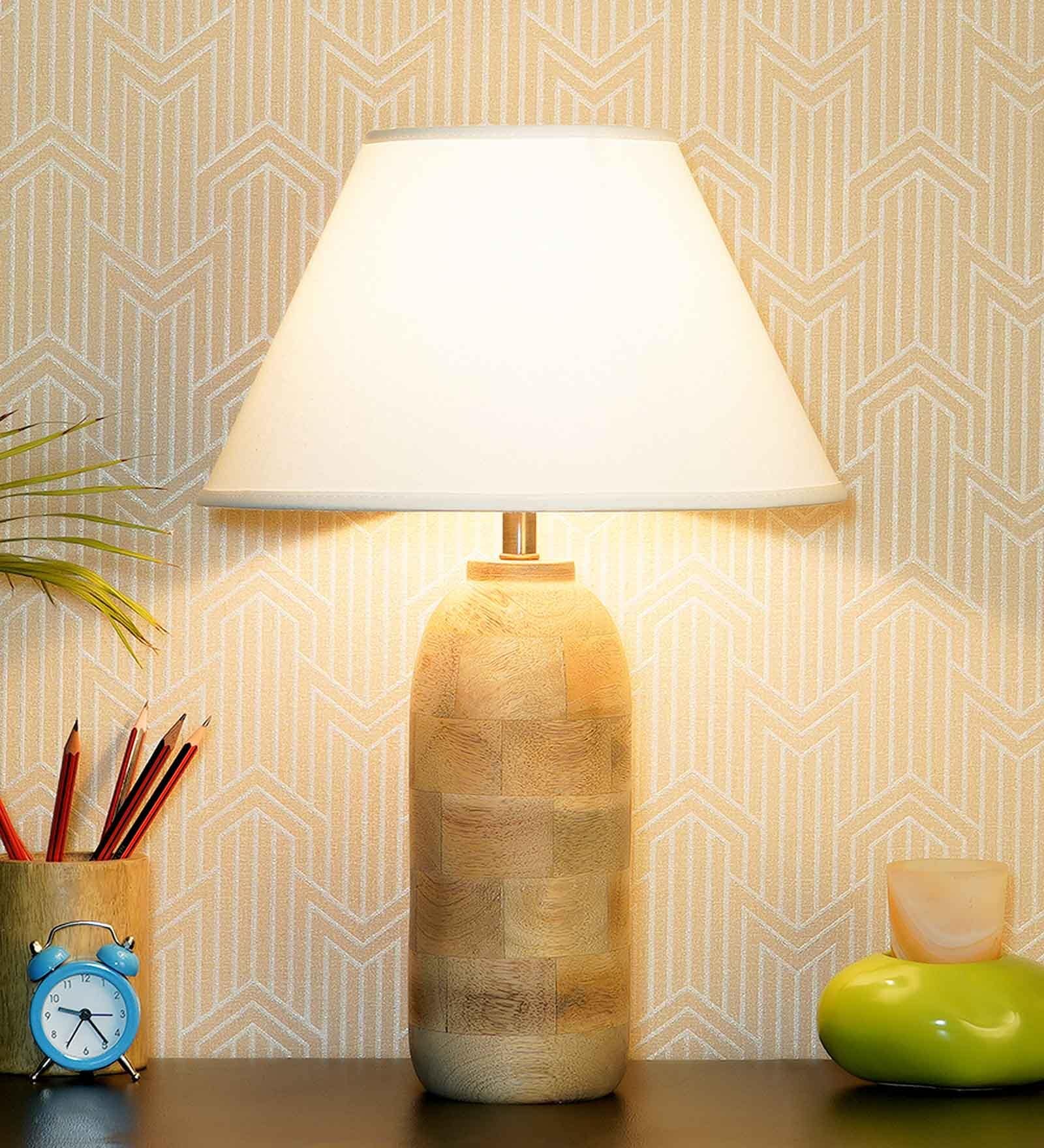 Elvis White Cotton Shade Night Lamp With Wood Base