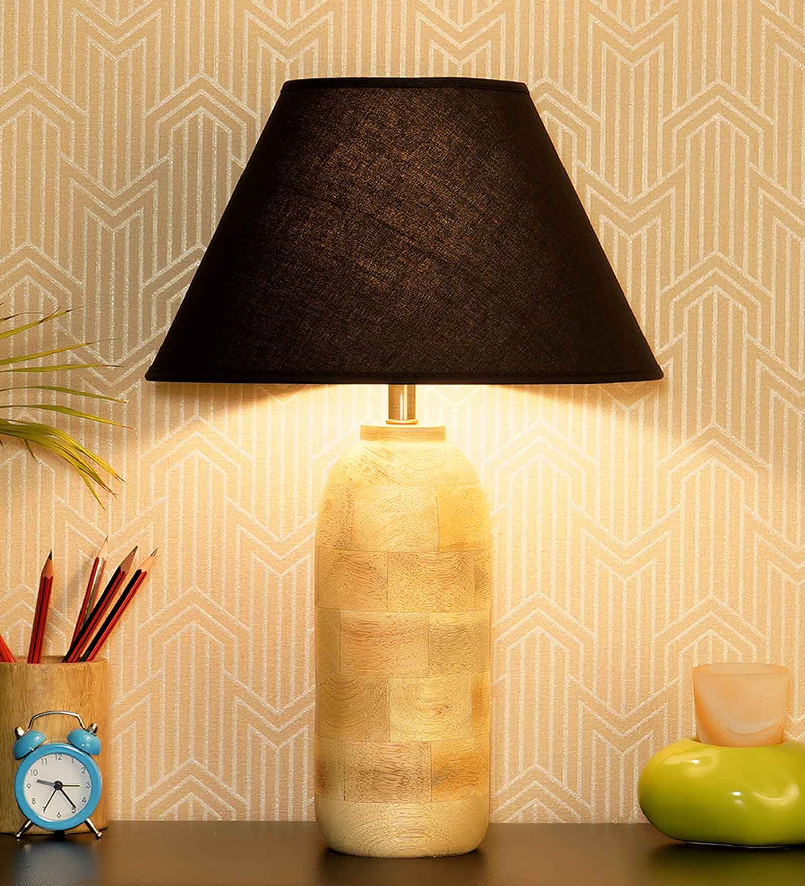 Exemplary Black Cotton Shade Night Lamp With Wood Base