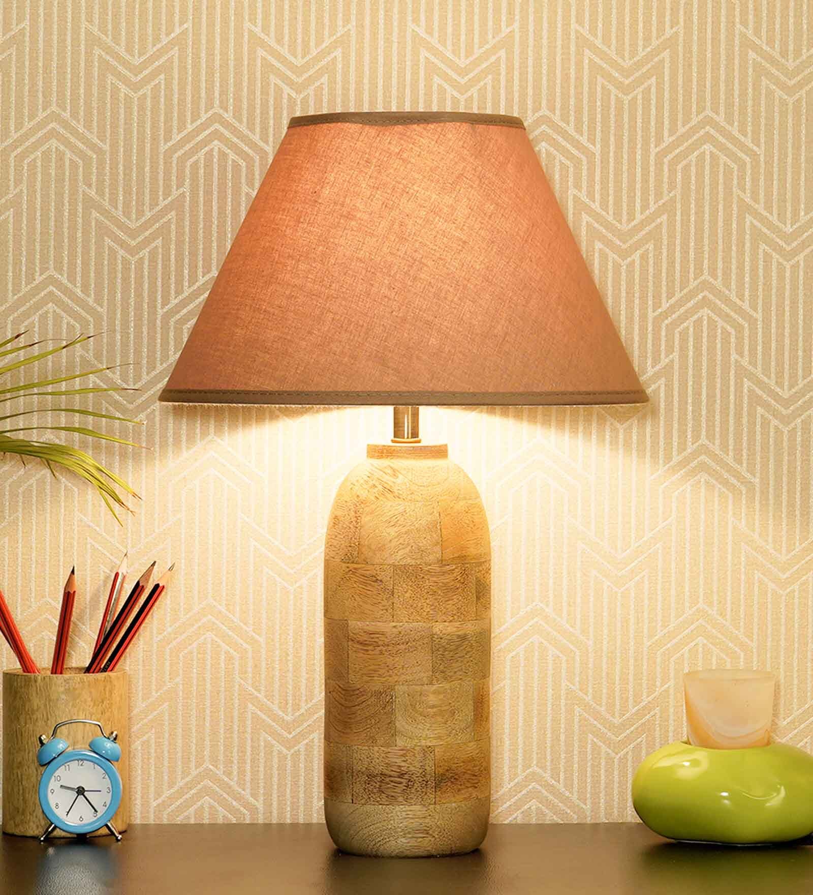 Shady Beige Cotton Shade Night Lamp With Wood Base