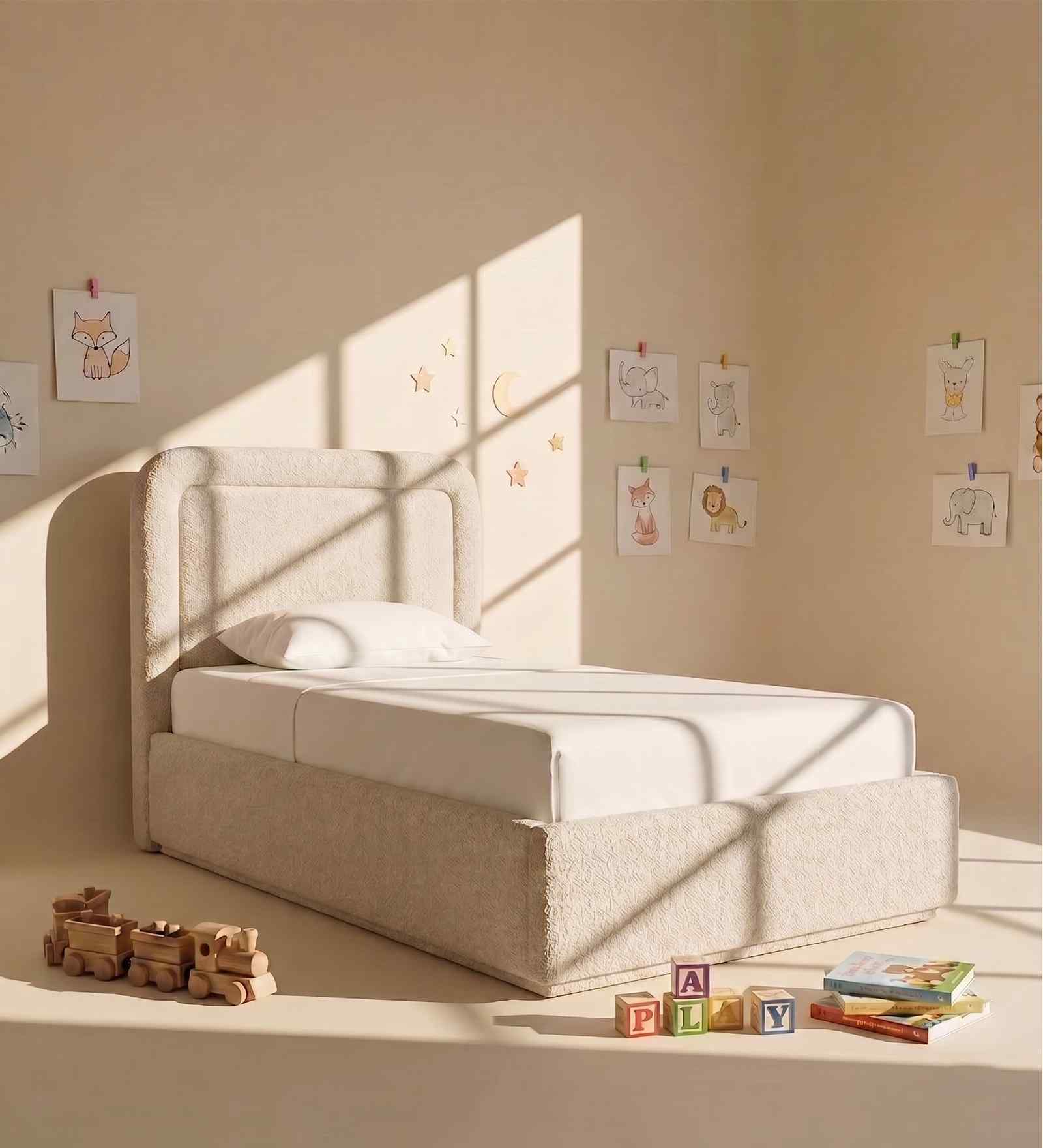 Marshmallow Boucle Kids Toddler Bed With Box Storage In Cream Colour