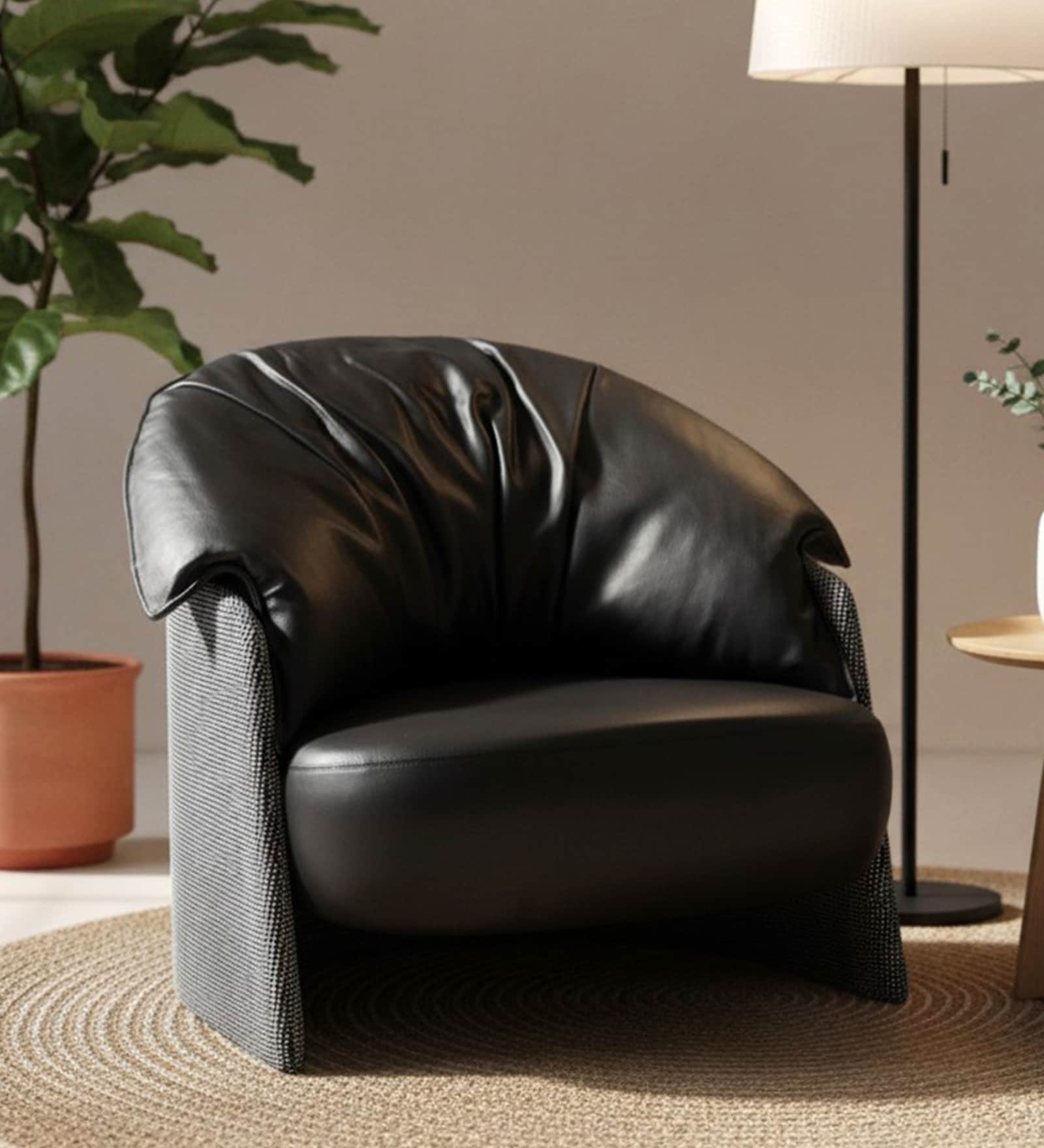 Maryam Leather & Fabric Lounge Chair in Black & Grey colour