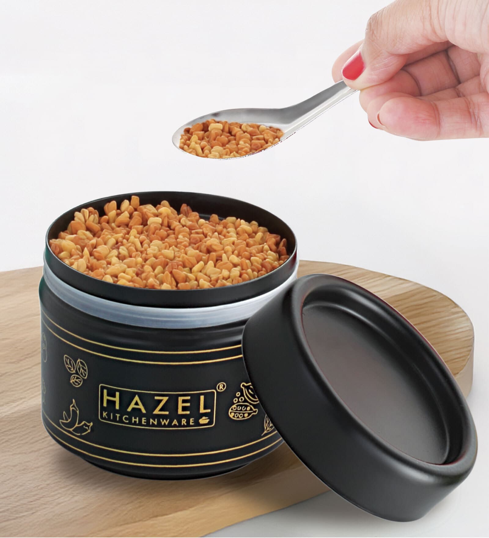 Masala Container Set with Spoon, Airtight Galvanized Iron Spice Box for Kitchen Storage, Black