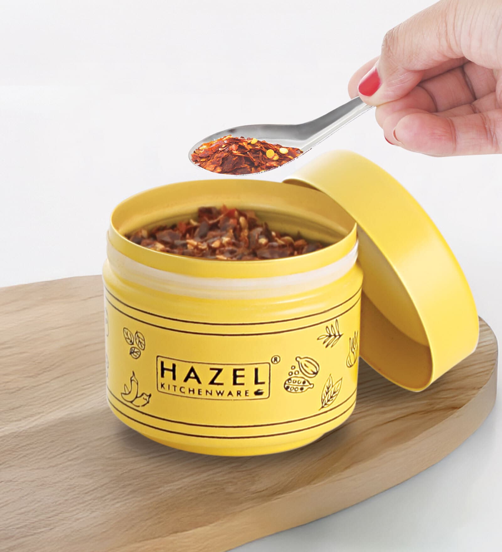 Masala Container Set with Spoon, Airtight Galvanized Iron Spice Box for Kitchen Storage, Yellow