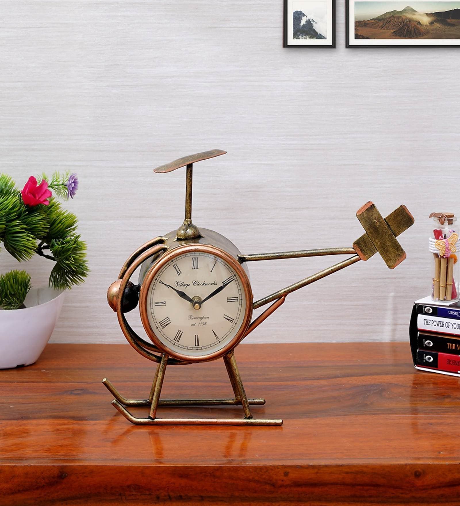 Matel Copper  Finish Decorative Showpiece Helicoptor Table Clock by