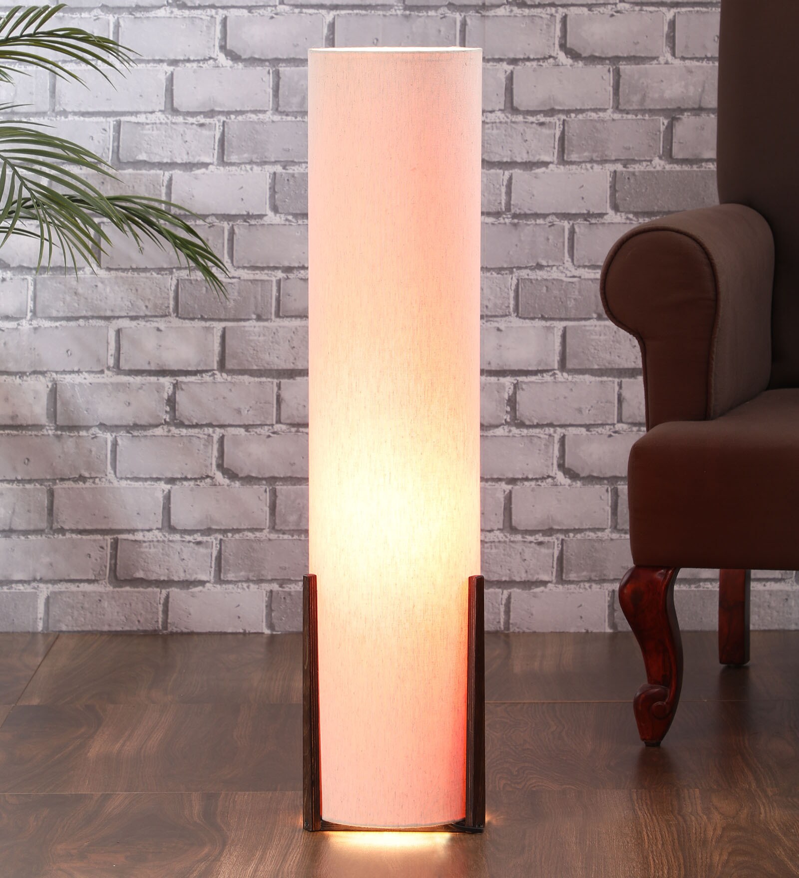 White Fabric Shade Column Floor Lamp With Metal Base