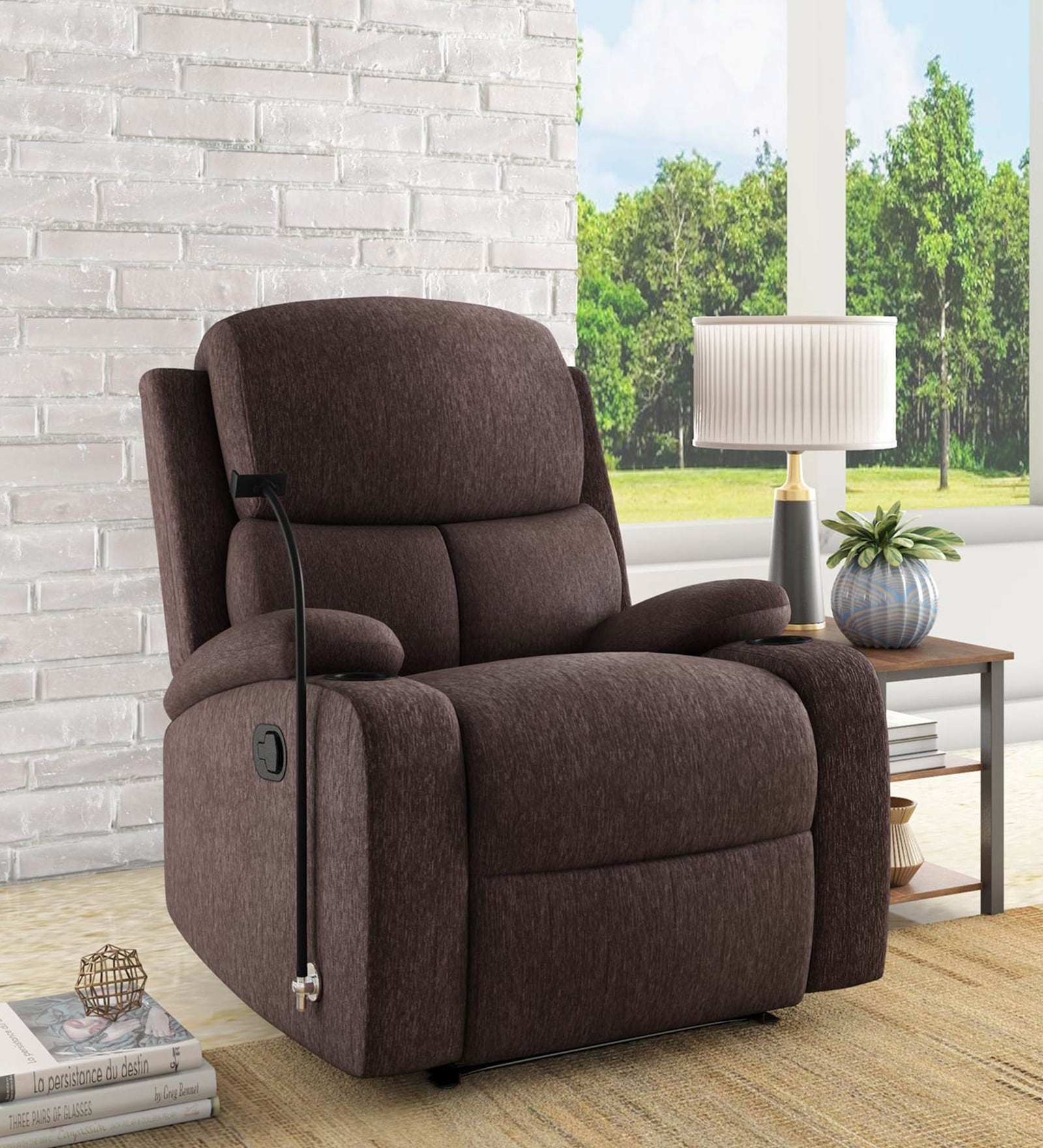 Matt 1 Seater Manual Recliner With Cup & Mobile Holder In Cocoa Color