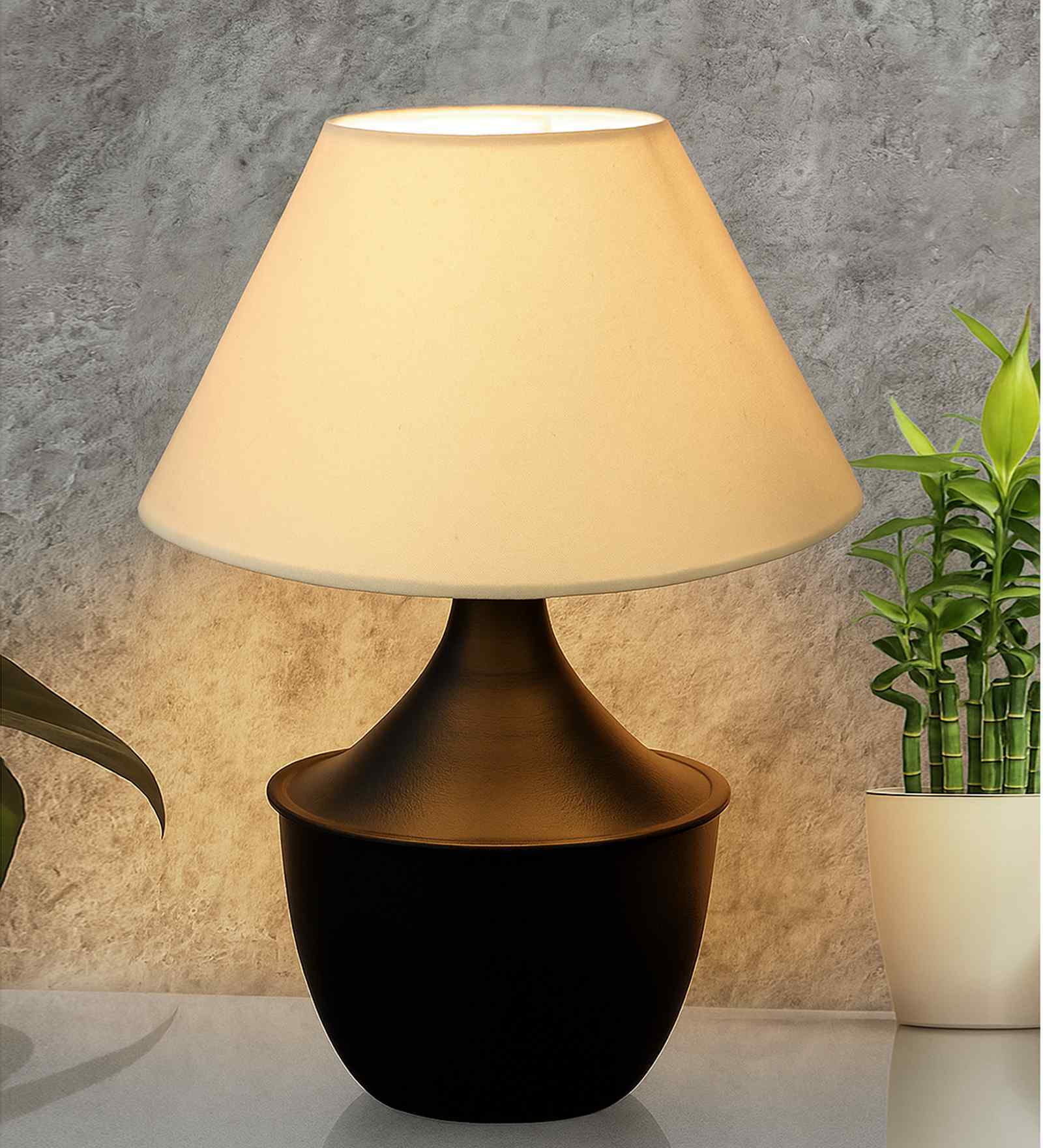 Matt Black Metal Modern Lamp with Fabric Shade, Simple Side Lamp, Black Tulip, Off-White Shade