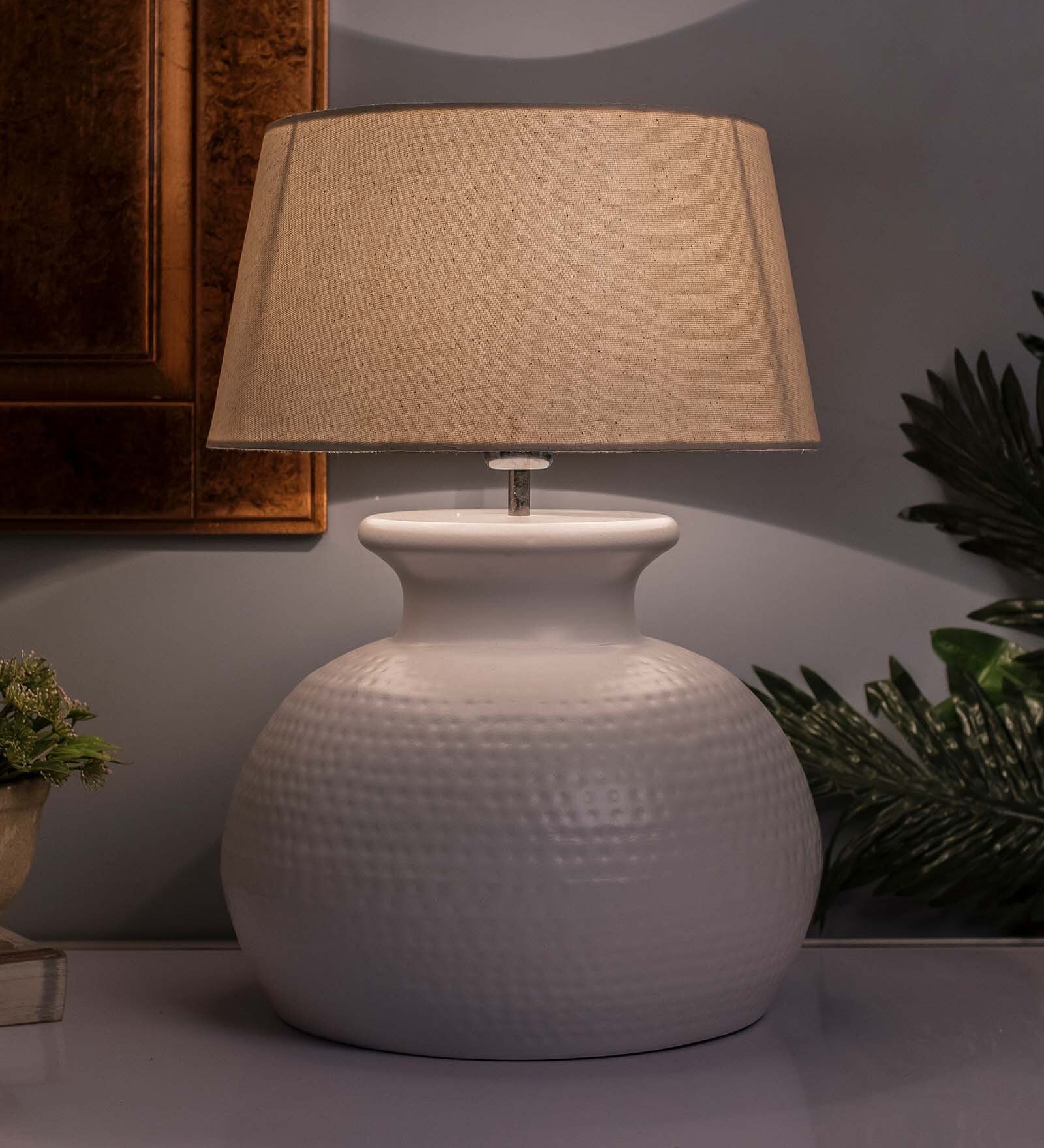 Buy Matt White Hammered Pitcher Table Lamp with Blue Cone Shade Online