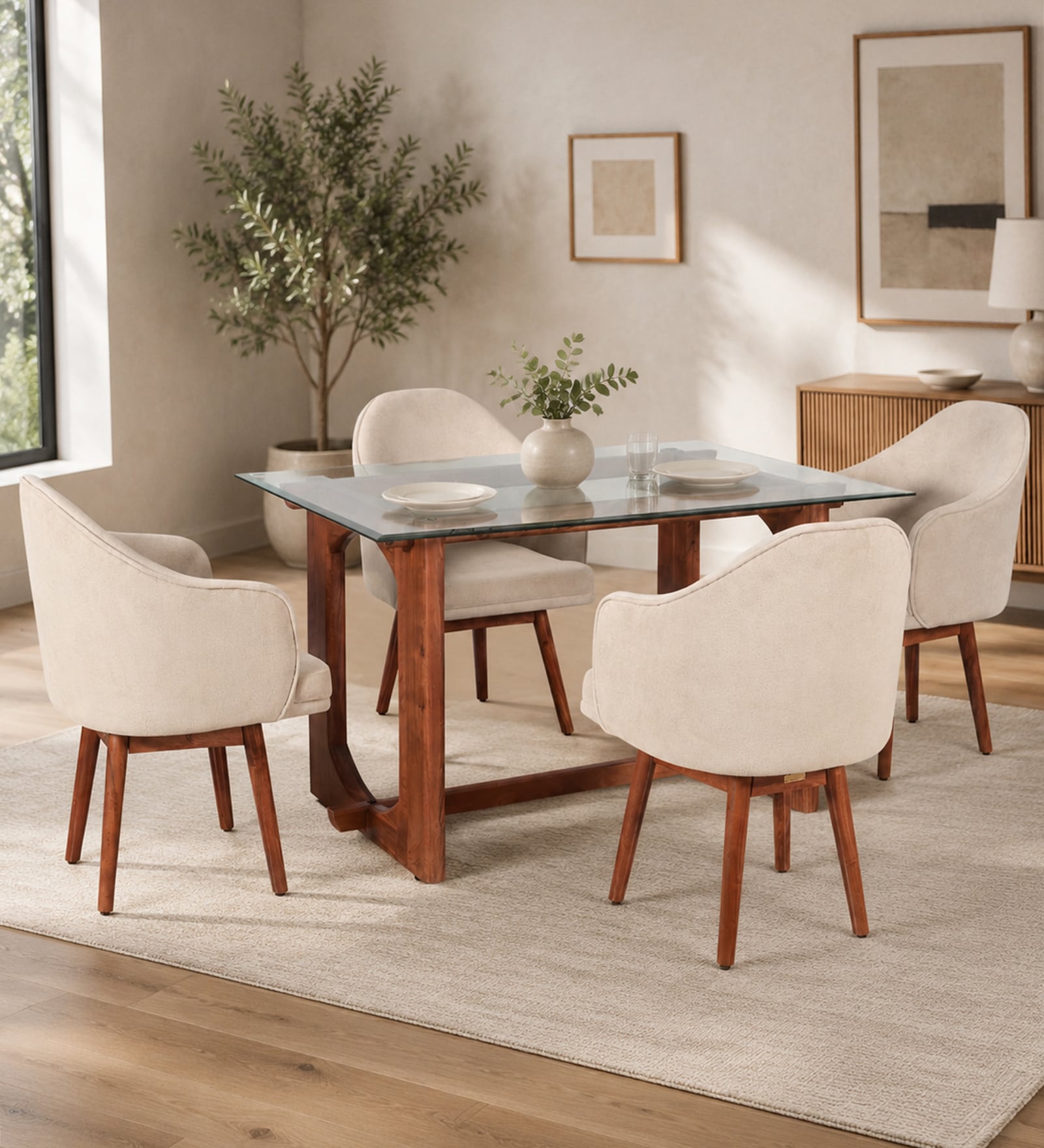 Mauren Acacia wood 4 seater Dinning Set with revolving chair in Natual Glazed finish Mauren Acacia wood 4 seater Dinning Set with revolving chair in Natual Glazed finish