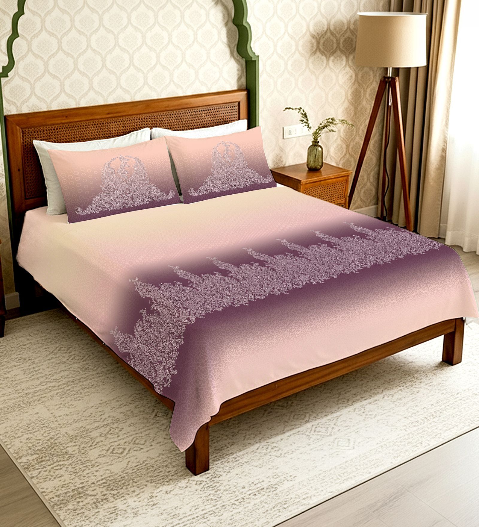 Mauve Floral 300 TC Cotton King Sized Bedsheet with 2 Pillow Covers