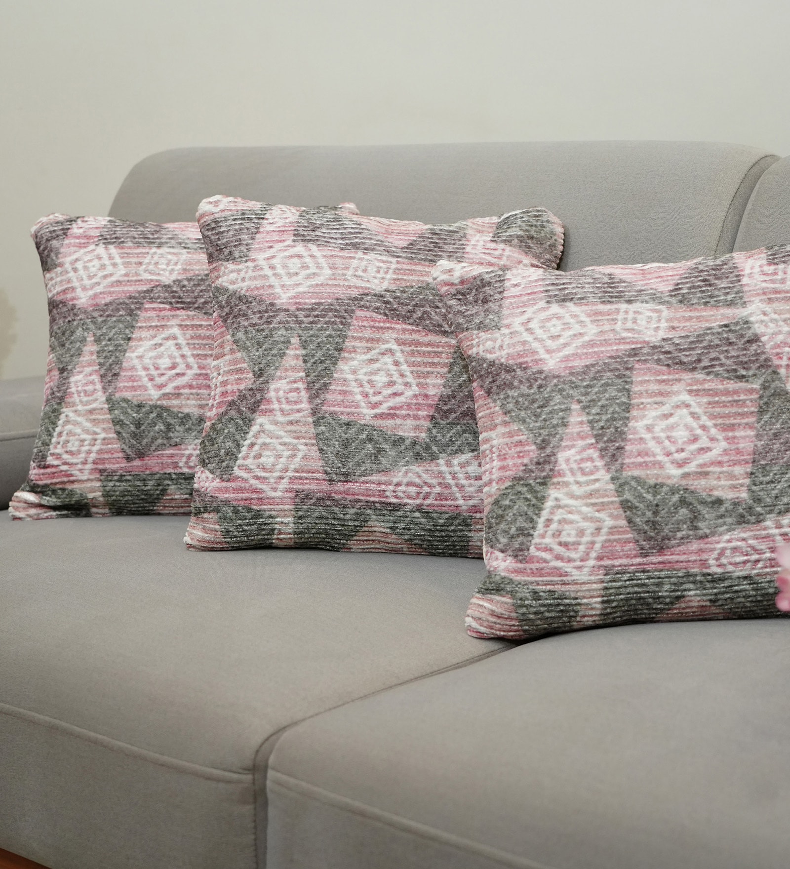 Mauve Polyester Geometric 16x16 inches Cushion Covers Set of 3