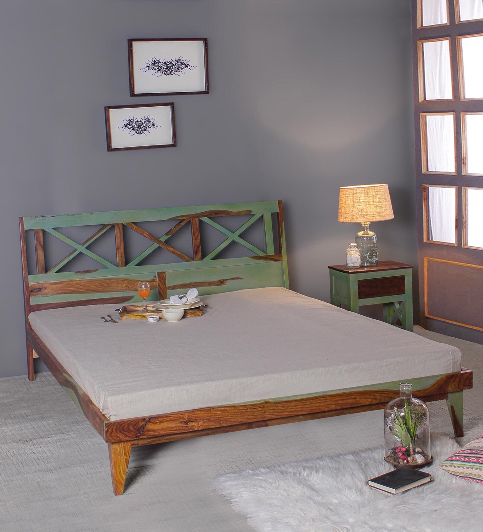 Mavis Sheesham Wood King Size Bed in Vintage Green Finish
