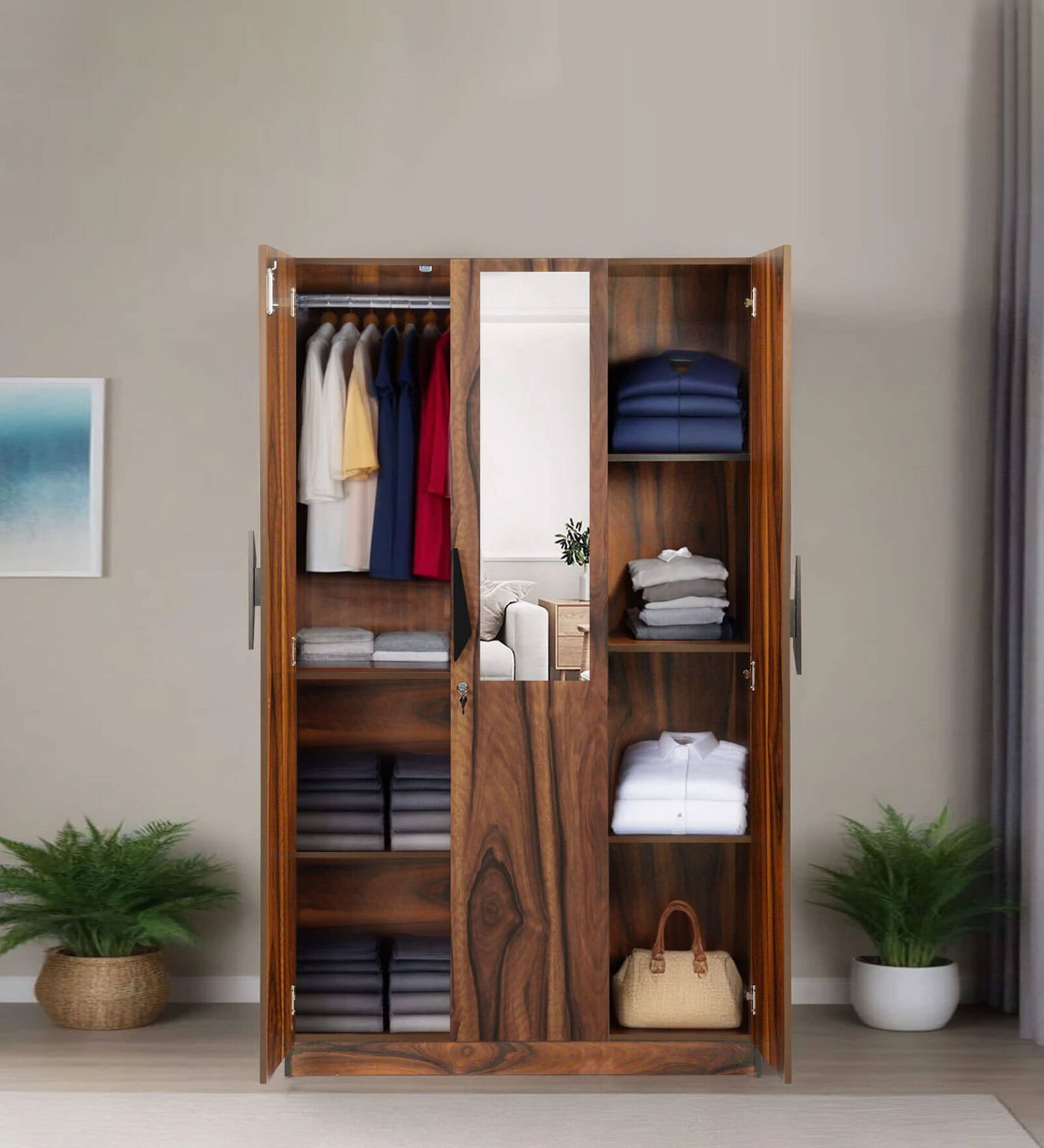 Maya 3 Door Wardrobe In Vintage Sheesham Finish With Mirror