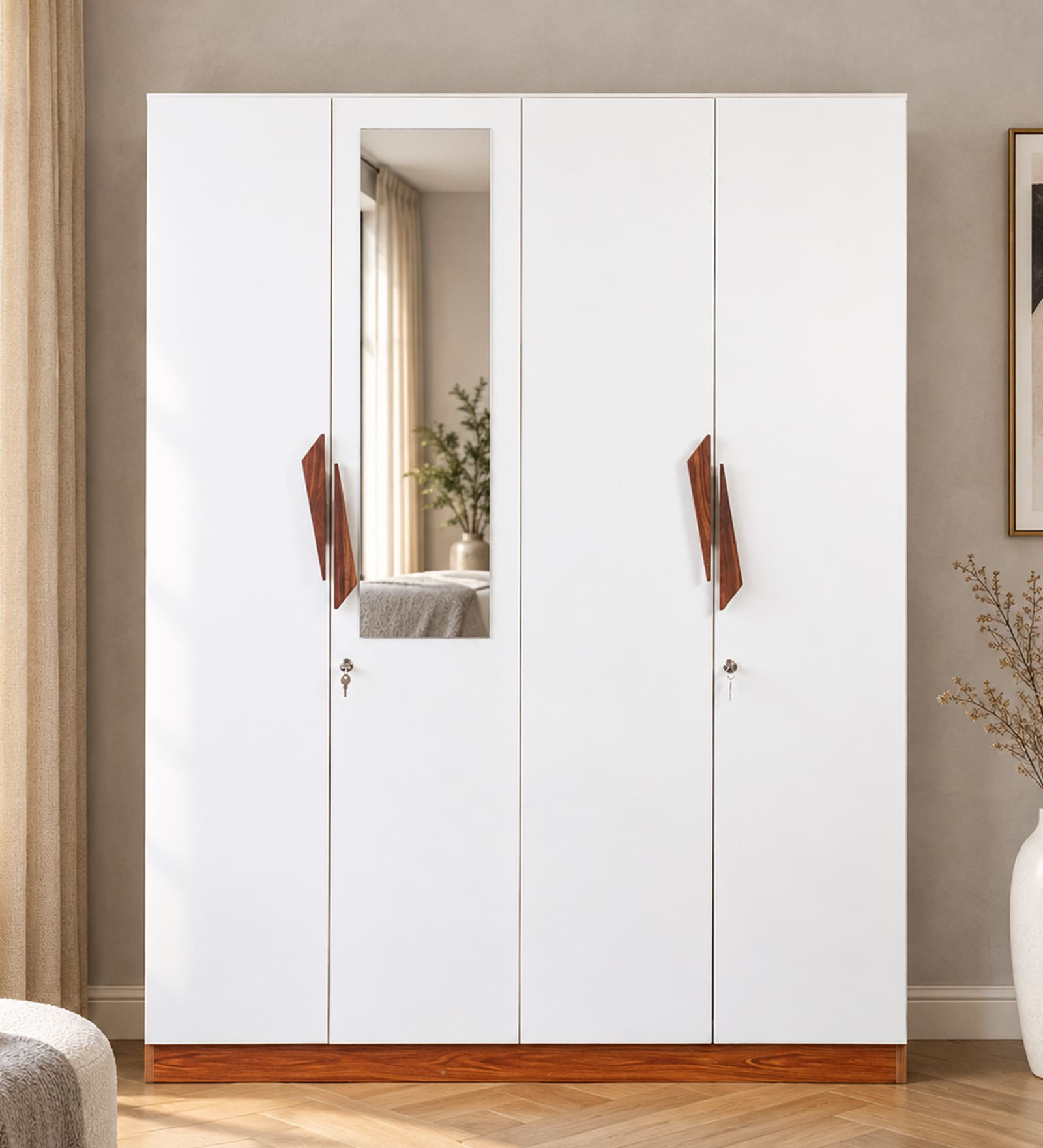 Maya 4 Door Wardrobe With Locker In Teak And White Finish With Mirror & Drawer
