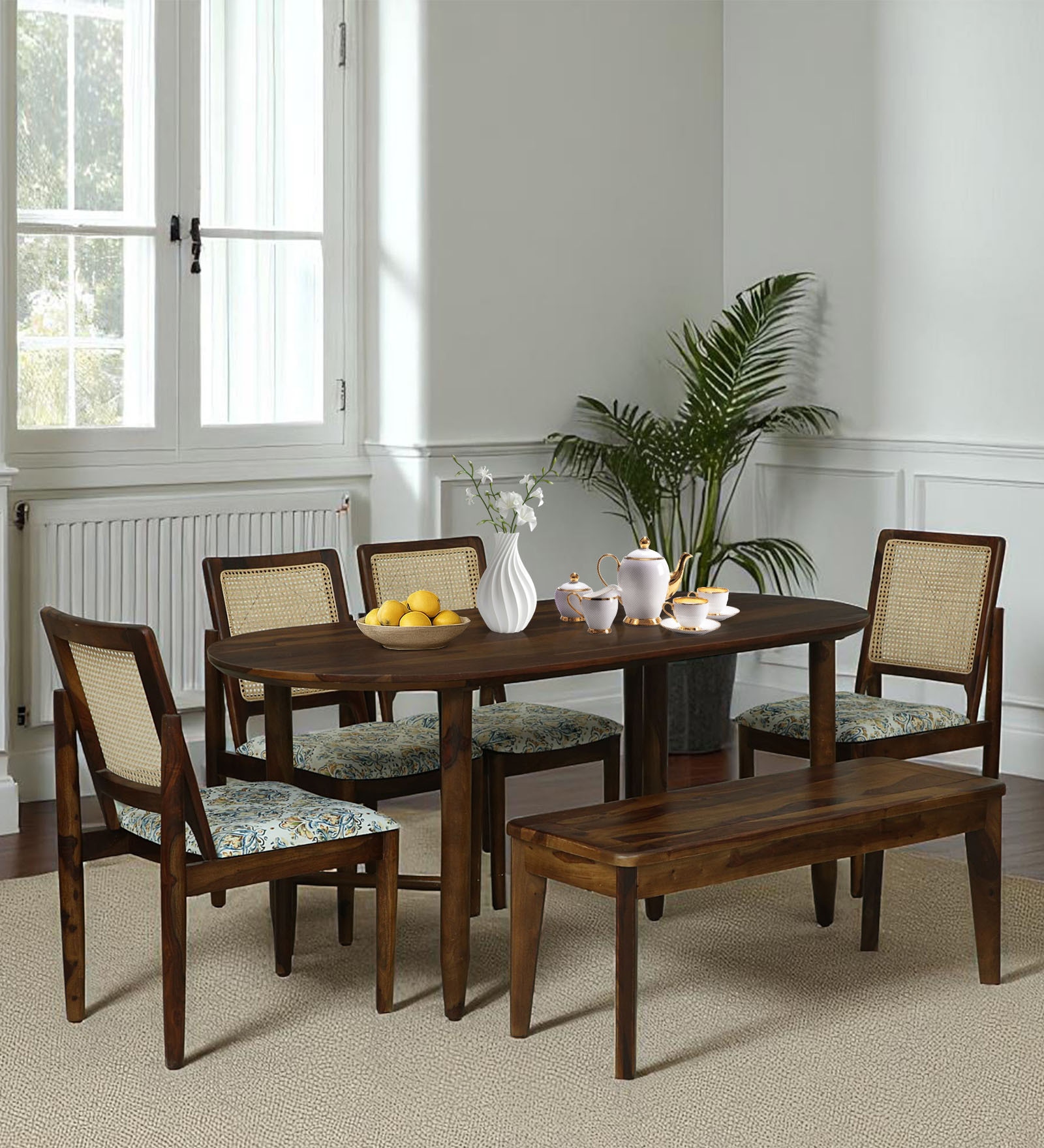 Mayer Sheesham Wood 6 Seater Dining Set With Bench In Scratch Resistant Provincial Teak Finish
