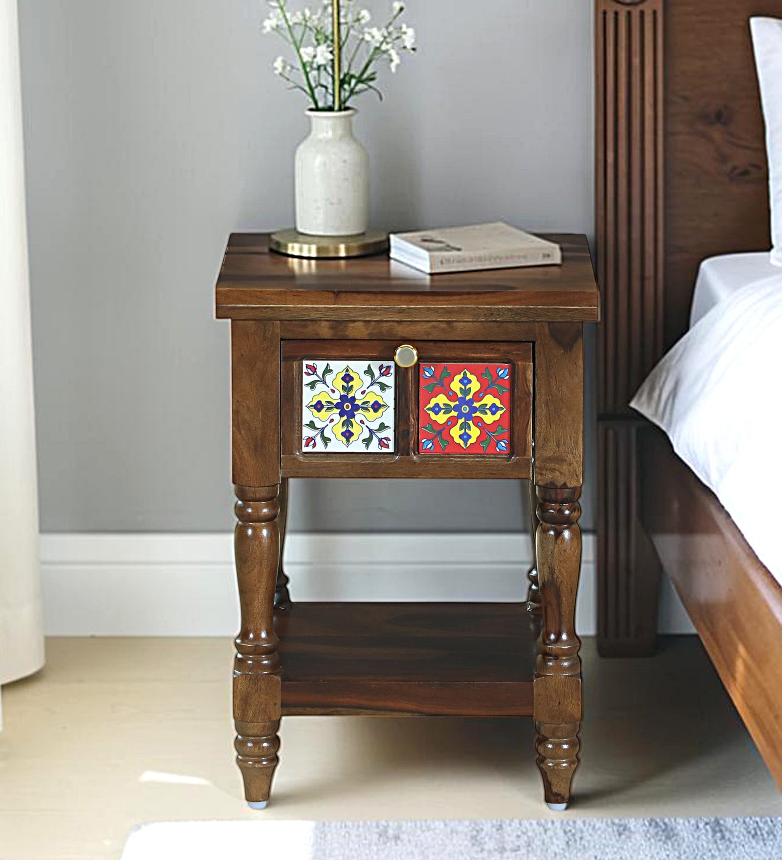 Mayur Sheesham Wood Bedside Table In Provincial Teak Finish With Drawer Mayur Sheesham Wood Bedside Table In Provincial Teak Finish With Drawer
