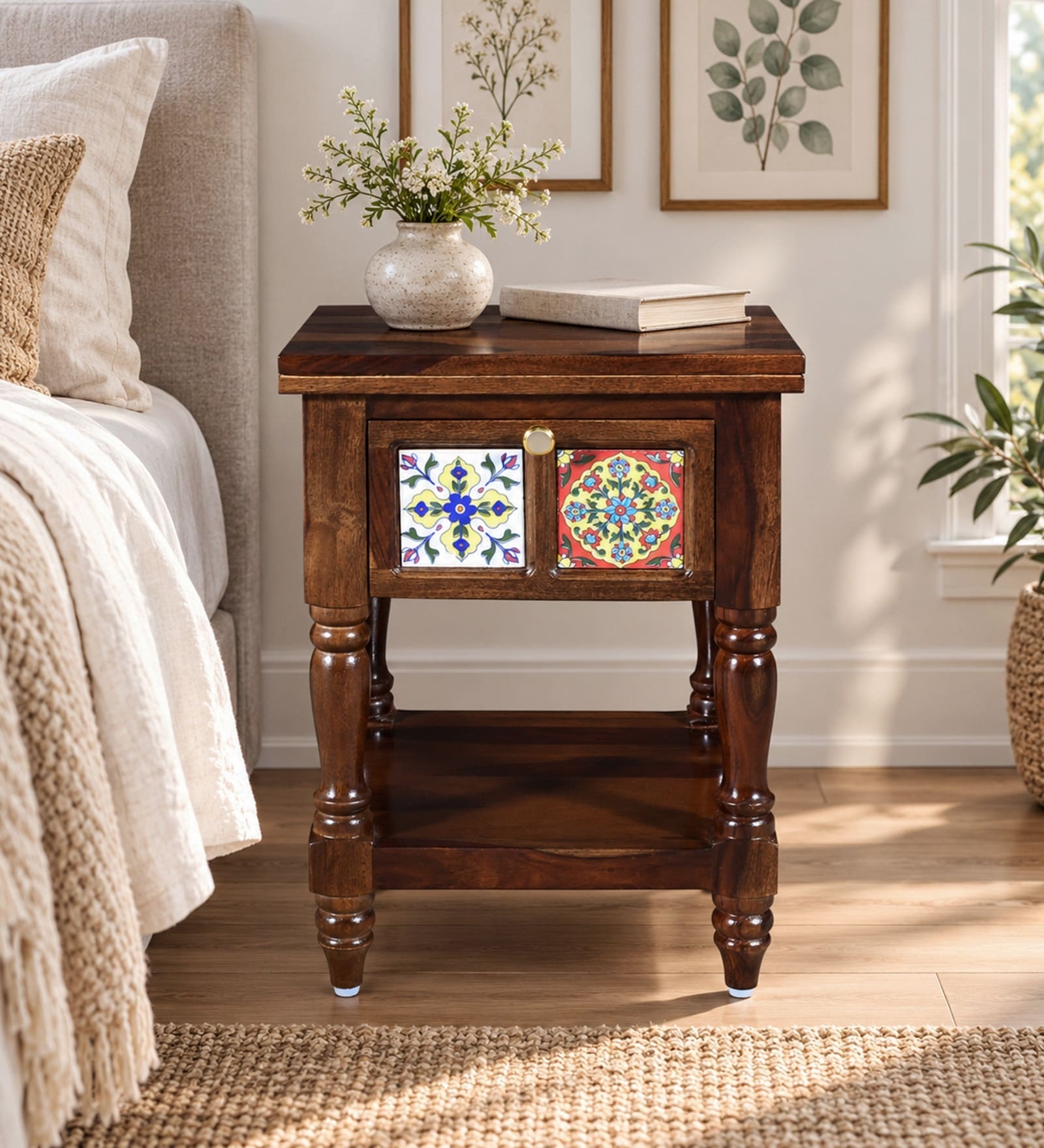 Mayur Sheesham Wood Bedside Table In Provincial Teak Finish With Drawer Mayur Sheesham Wood Bedside Table In Provincial Teak Finish With Drawer