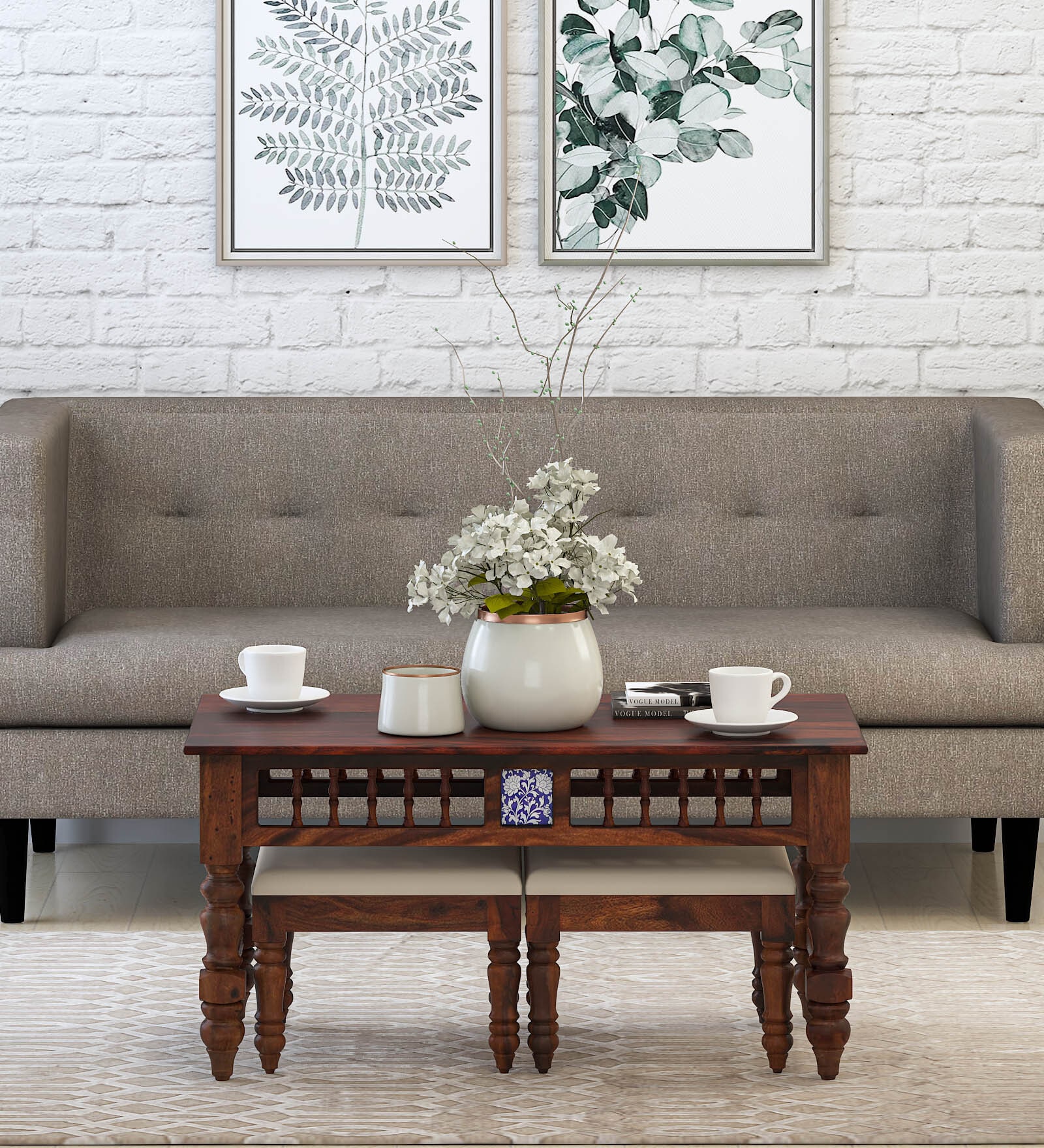 Mayur Sheesham Wood Nesting Coffee Table Set in Honey Oak Finish With Cushioned Stools