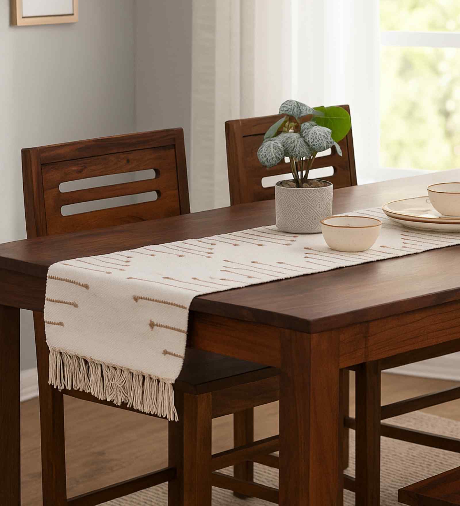 Maze Handwoven Cotton Table Runner-Beige